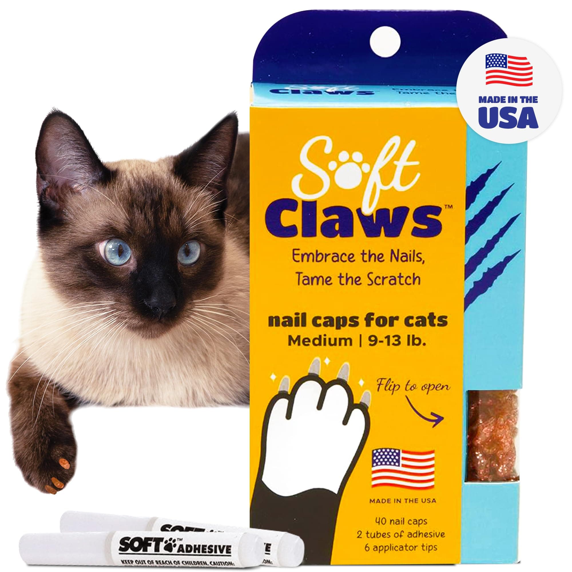 Soft Claws Cat Nail Caps for Medium Cats – (40 Caps, Pink Sparkle) - Made in USA - Veterinarian-Developed | Protects Furniture & Skin - Easy to Apply, Long-Lasting Anti-Scratch Soft Cat Claw Covers