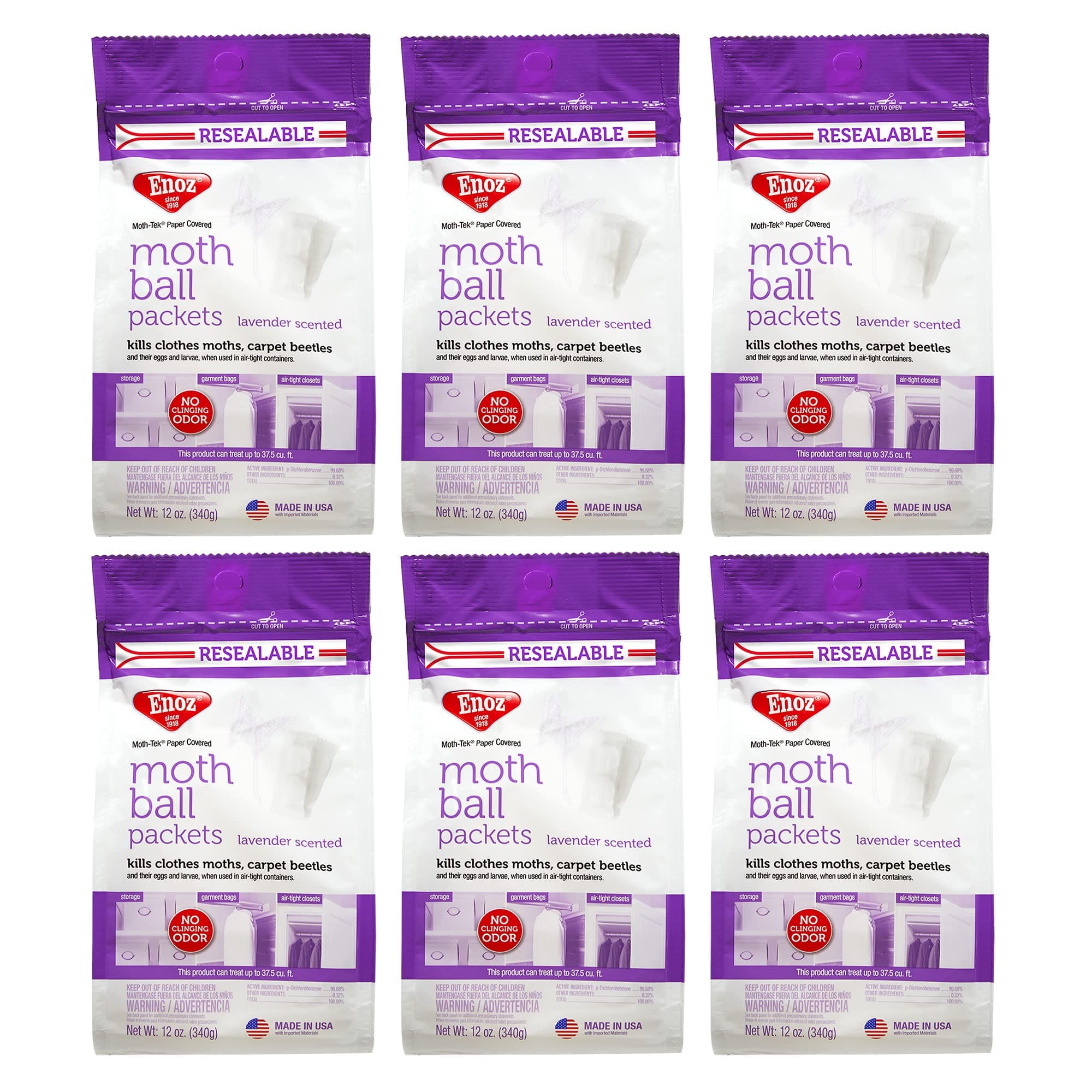 Enoz Moth-Tek Packets, Kills Clothes Moths and Carpet Beetles, Resealable Bag, Single Use Packets, Lavender Scent, 12 oz, Pack of 6