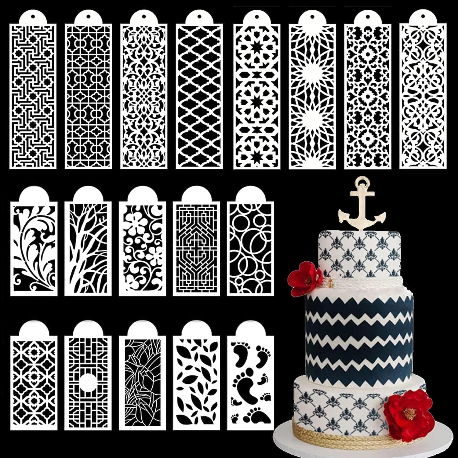 18 Pcs Cake Decorating Stencils, Floral Wedding Cake Molds, Reusable DIY Baking Decor Mold for Cake Decoration, Cake Cookie Fondant Side Baking Mesh Stencil, Hollow Lace Cake Decoration Molds