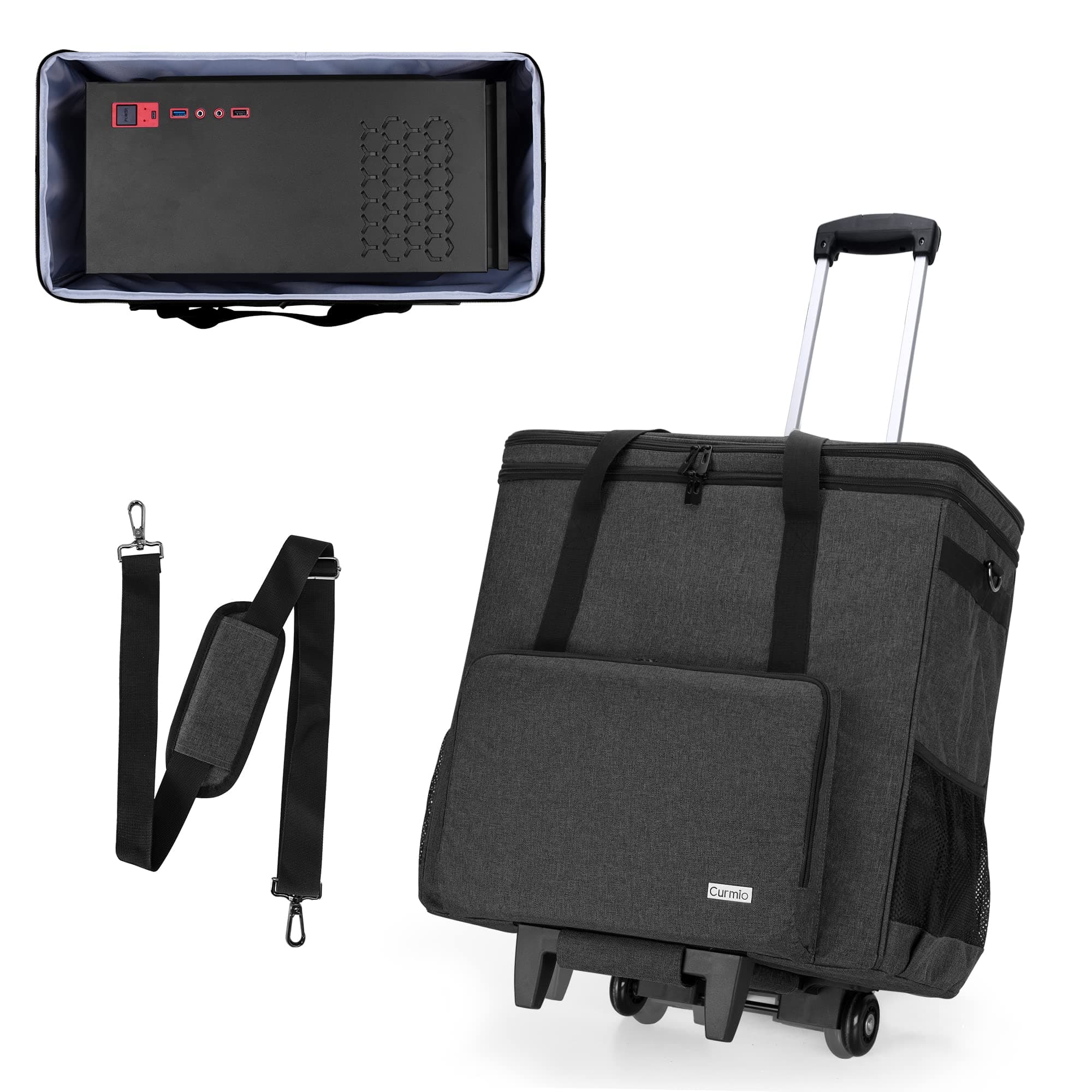 CURMIO Rolling Desktop Computer Carrying Case with Wheels, Double Layers Computer Tower Travel Bag with Detachable Dolly for PC Chassis, Keyboard and Mouse, Black (Bag Only, Patented Design)