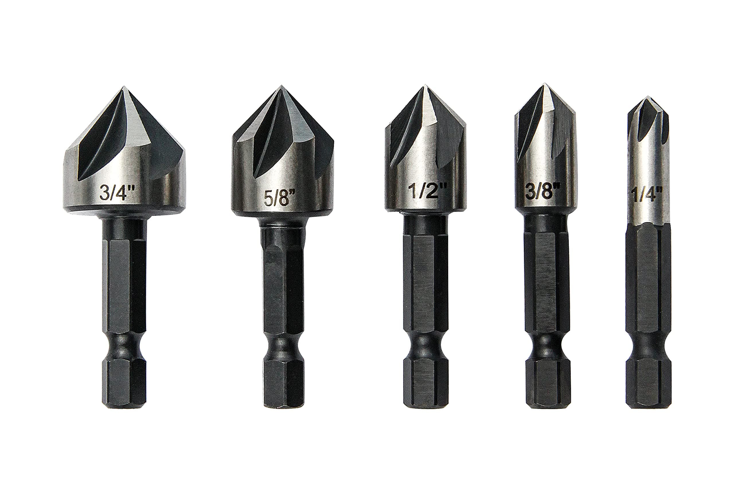 5 pcs Countersink Drill Bit Set，82 Degree Counter Sink， Fit for Sink Holes into Most Machinable Metals, Plywood, Softwood, Hardwood, Fiberglass Plastic, Mild Steel