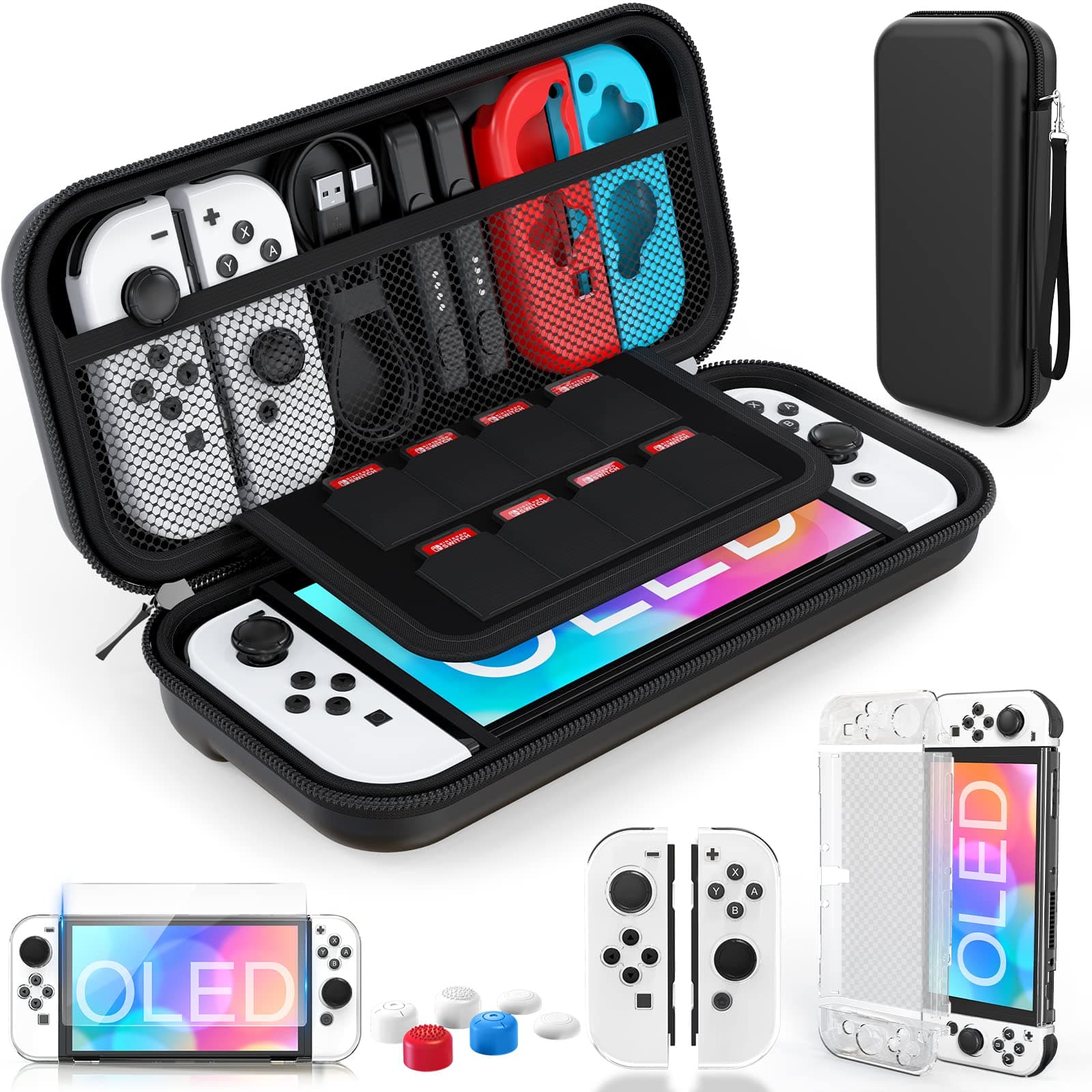 HEYSTOP Switch 有機el ケース【Switch 有機elモデル対応】 Switch oled 4in1ケース セットSwitch 有機el PCカバー*1+ガラスフィルム*1+親指キャップ *6 収納バッグ 防塵 防汚 防水 ナイロン素材 全面保護型 大容量 衝撃吸収 持ち運び便利 バレンタインデー プレゼント