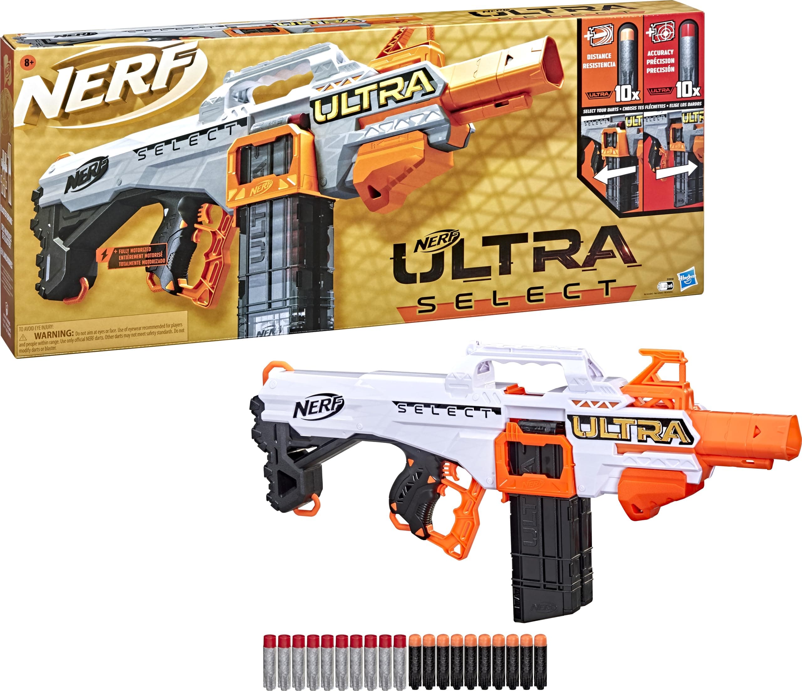 Nerf Ultra Select Fully Motorized Blaster, Fire for Distance or Accuracy, Includes Clips and Darts, Outdoor Games and Toys, Automatic Electric Full Auto Toy Foam Blasters