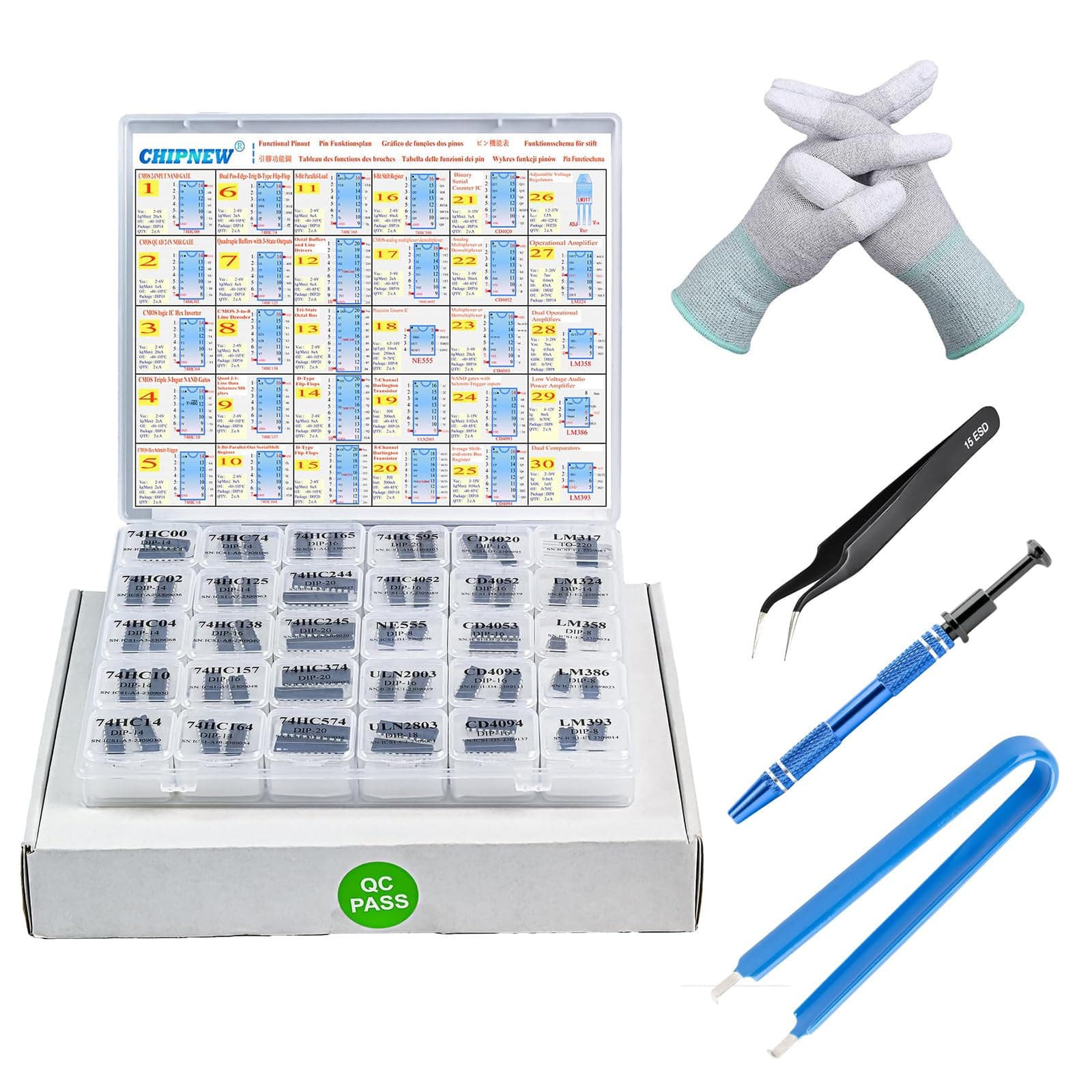 29 Kinds of 58pcs Logic IC Timer IC Triode Kit (Contains: 14 Kinds of Logic CMOS 74HCXX, 5 Kinds of CD40XX, 4 Kinds of LM XXX, NE555, ULN2003 2803) Individual Box, ESD Gloves ESD Tweezers