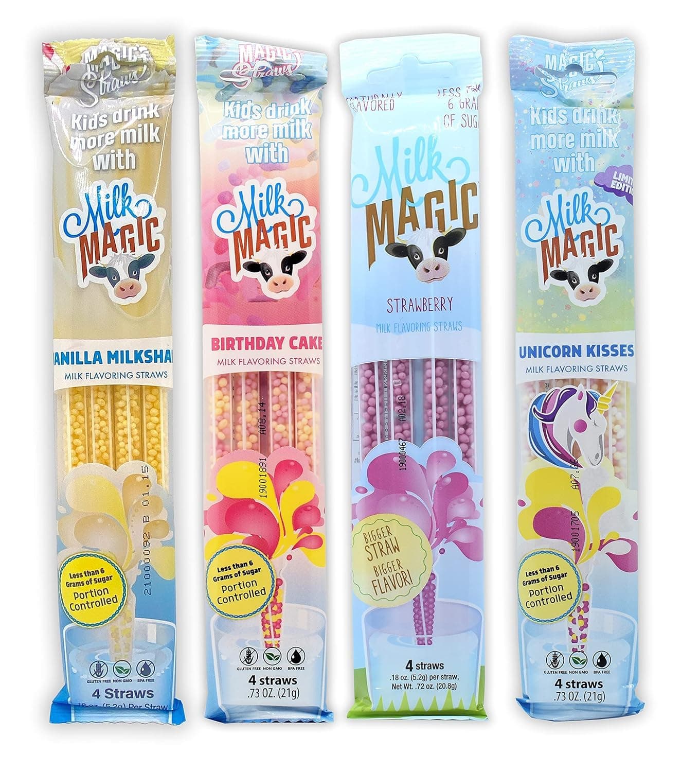Milk Straws 4-Pack Bundle (16 count), Vanilla Milkshake, Birthday Cake, Strawberry, Unicorn Kisses Flavoring Cereal Straws