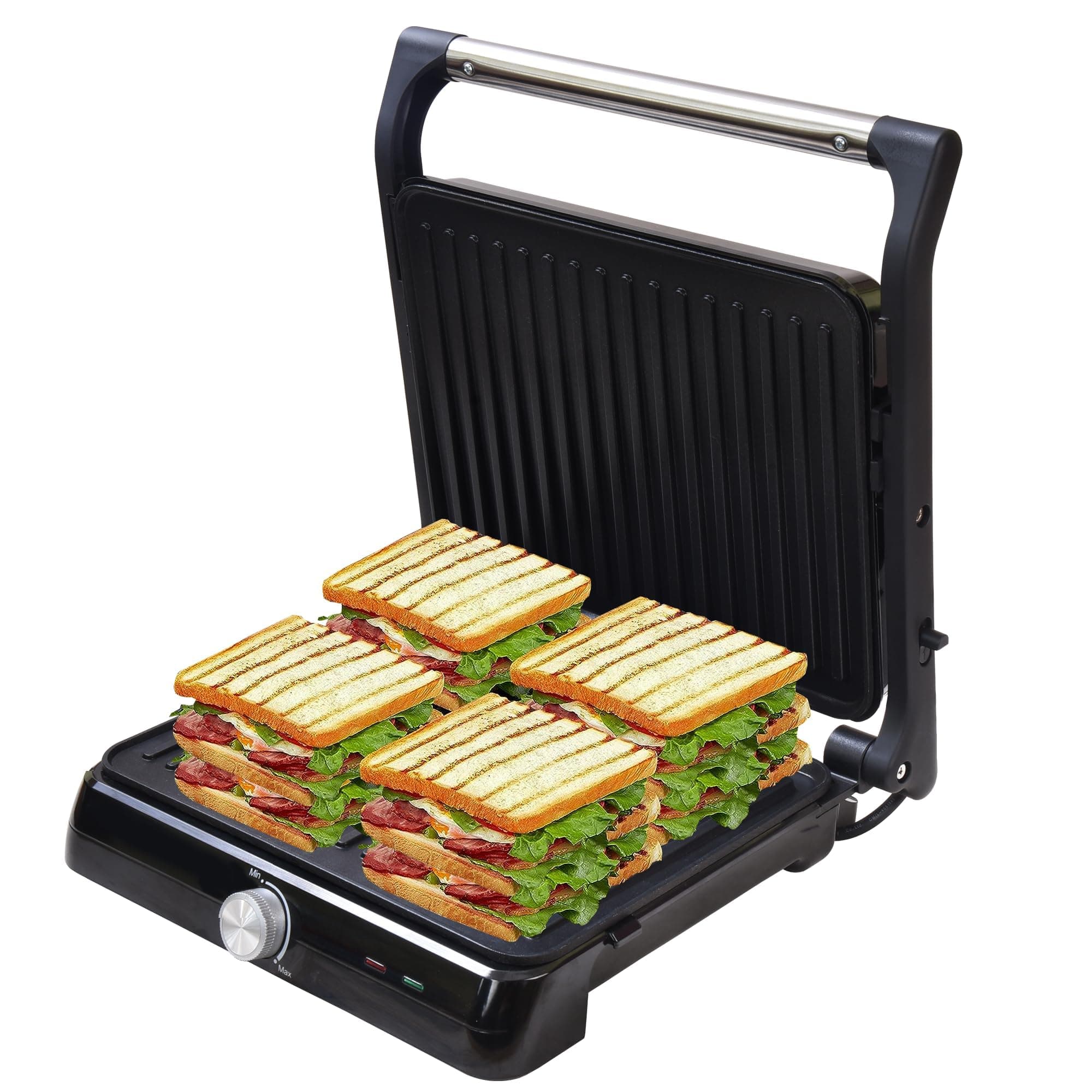 Griller Sandwich Maker - 2000 W 4 Slice Sandwich Maker Electric With Non Stick Plates Opens to 180°, Cool Touch Handles, Temperature Control And Drip Tray,Black