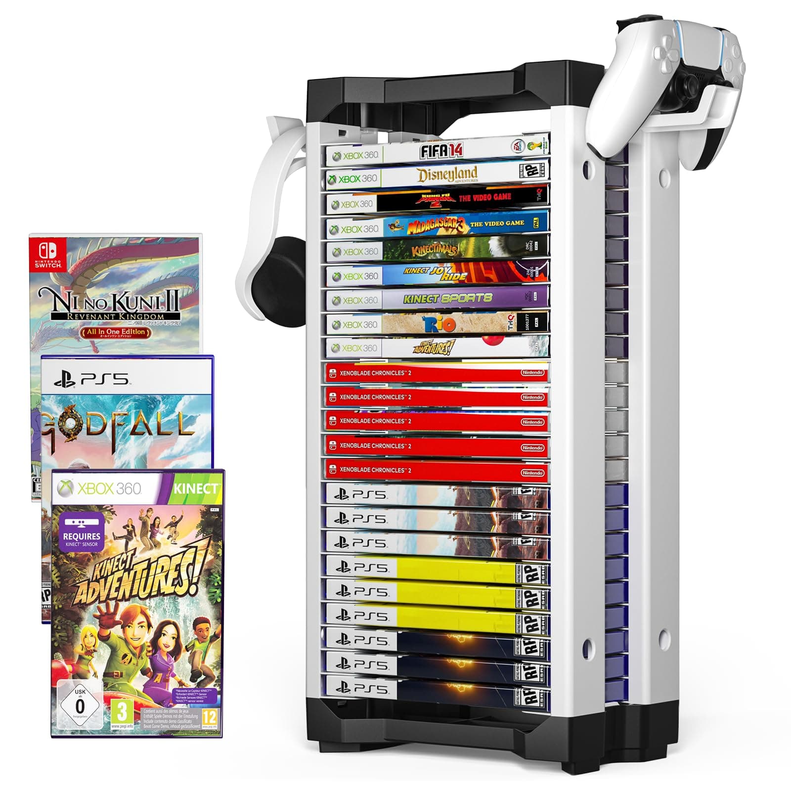 Allnice Game Storage Tower Multifunction Video Game Shelf for 24 game Disk, 2 Headsets Controllers Holder Compatible with PS3/PS4/PS5/ Nintendo Switch/Xbox One, Xbox Series X/S and Blu-Ray Discs