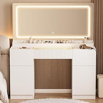 44" Vanity Desk with Large Mirror and Lights, Modern Glass Top Makeup Vanity Set with Power Outlet, 3 Drawers and 2 Cabinet, 3 Lighting Color Adjustable Dressing Table for Bedroom,Pure White