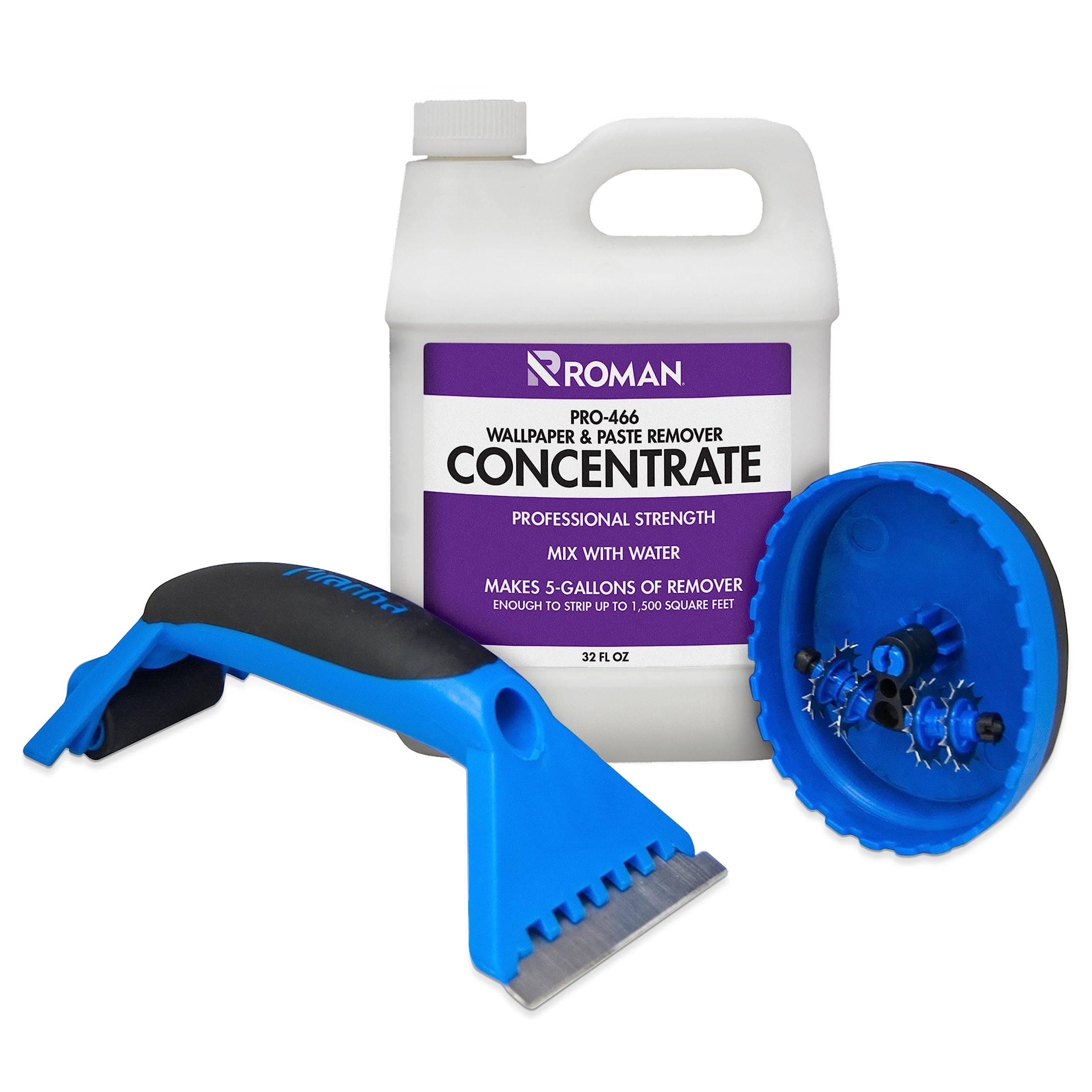 ROMAN Wallpaper Removal Kit - Concentrate (32 oz), Perforating Scoring Tool, and Angled Scraper for Home Improvement - Yields 5 Gallons of Remover (1500 sq. ft Coverage)