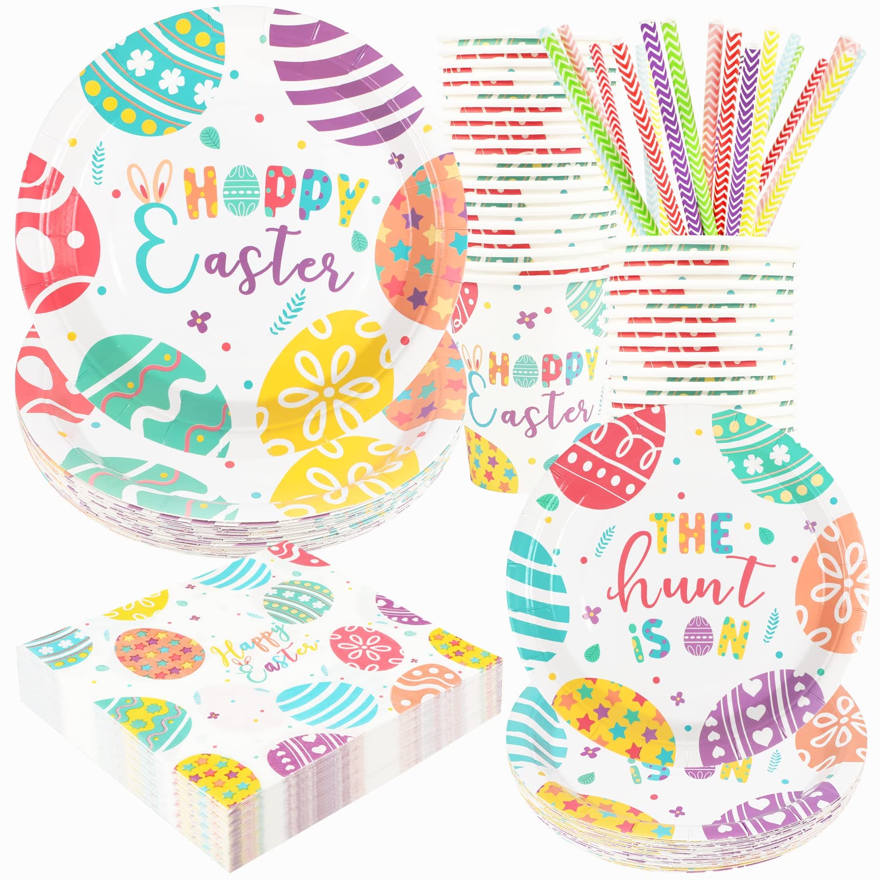 Easter Plates and Napkins Set Decorations, Disposable Eggs Design Party Paper Tableware for 24 Guests, 120 Pcs Include 9” 7” Plates, Napkins, Cups, Straws Picnic Supplies
