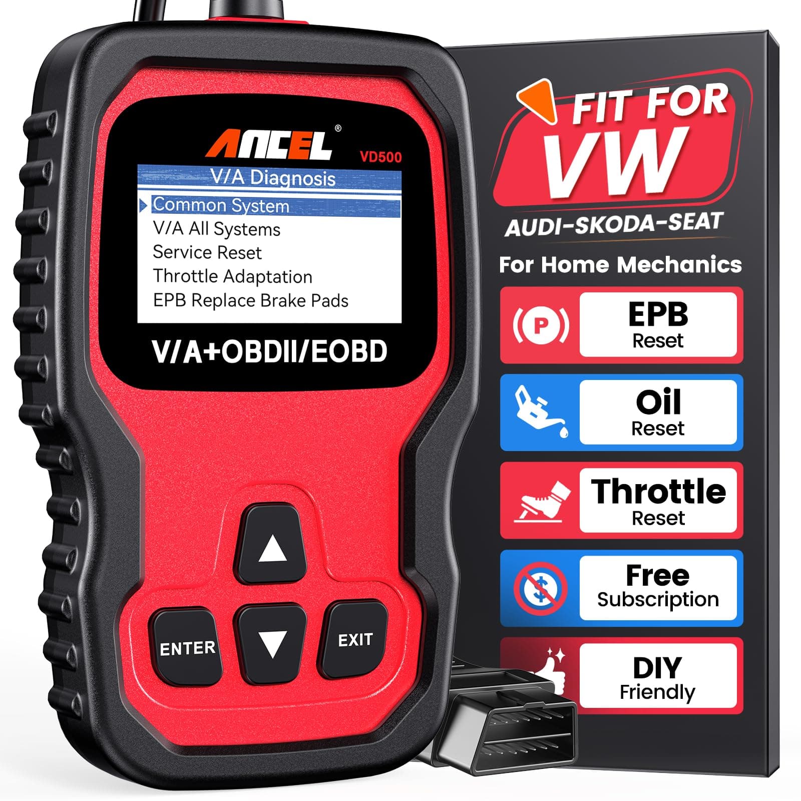 ANCEL VD500 OBD II Scan Tool with Check Engine Light Oil Reset TP Position SRS Airbag EPB Replace Brakepads Code Reader Specialize in Diagnosing VW Audi Skoda Seat