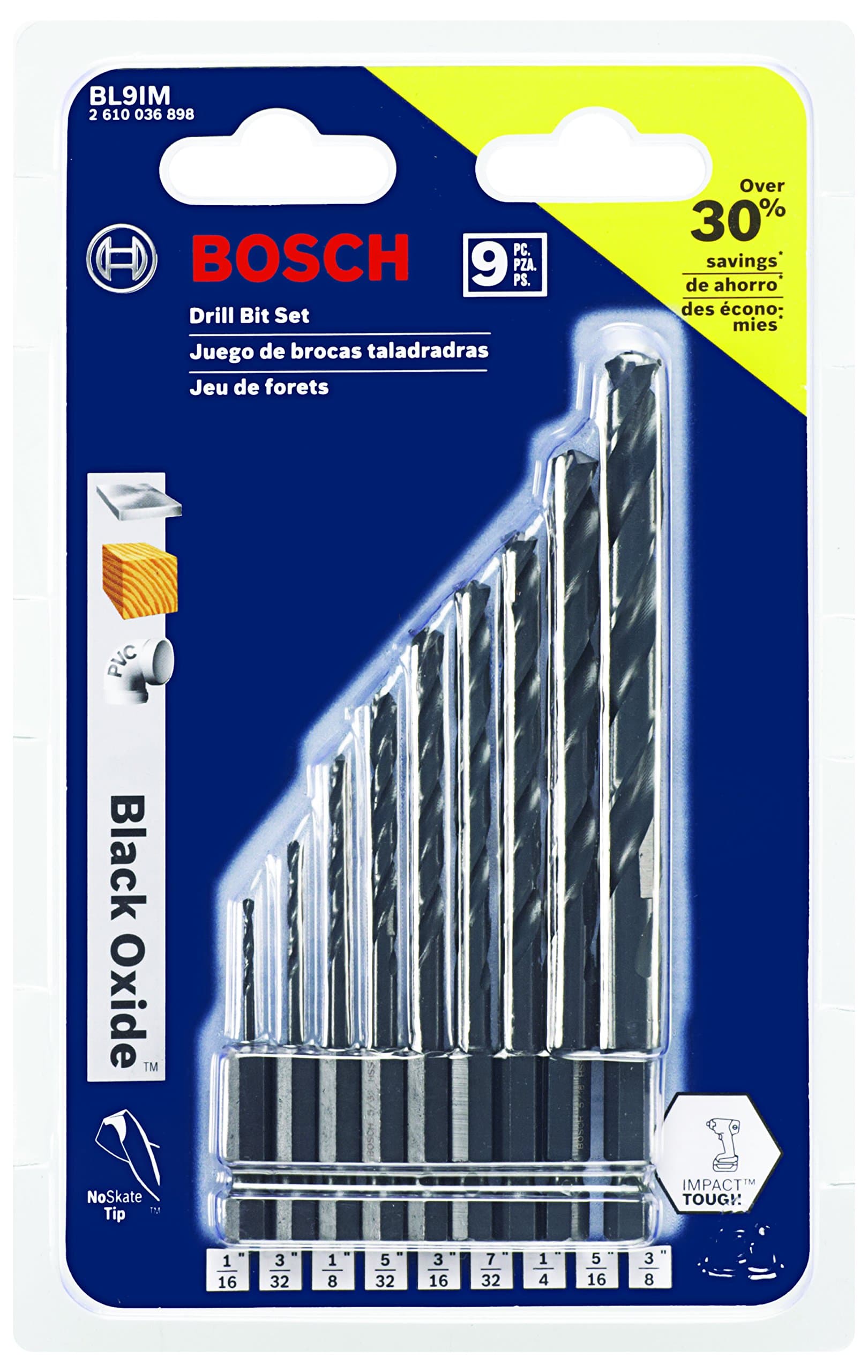 BL9IM 9-Piece Assorted Set Black Oxide Metal Drill Bits Impact Tough with Impact-Rated Hex Shank for Applications in Steel, Copper, Aluminum, Brass, Oak, MDF, Pine, PVC and More