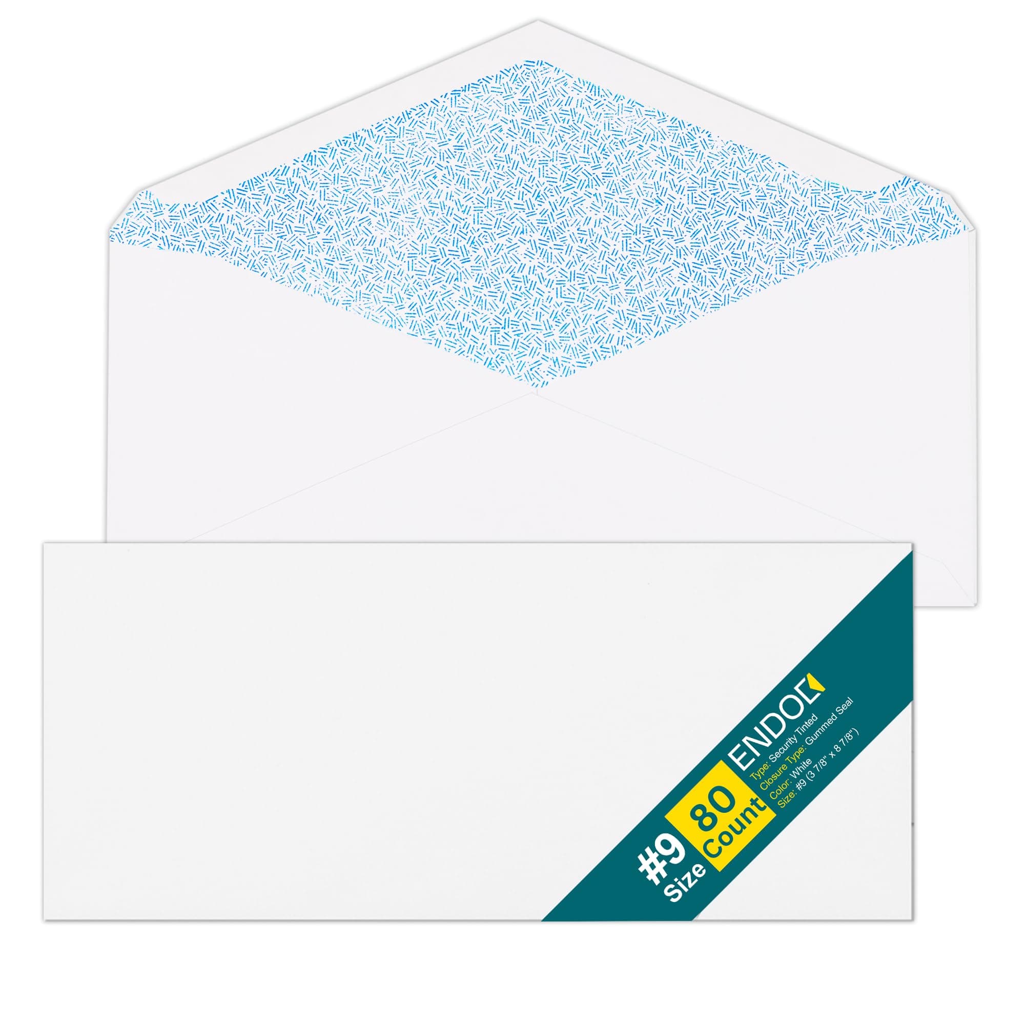 #9 Envelopes Letter Size - 80 Pack - Security Tinted 3 7/8" x 8 7/8" Gummed Seal Business Envelopes - Return Mailing Envelopes for Checks, Invoices, Statements - 24lb Plain White Paper