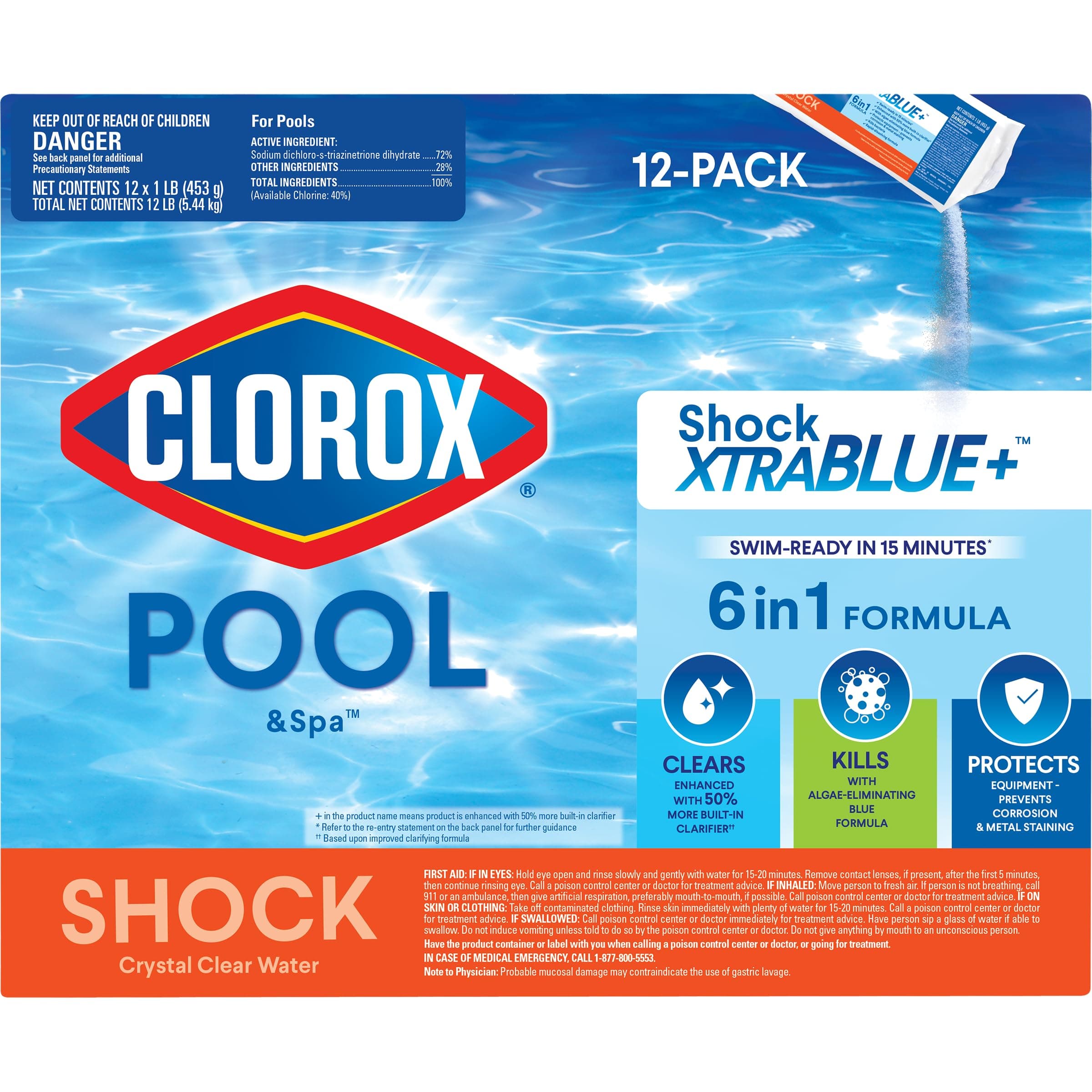 Clorox® Pool&Spa™ Shock XTRABLUE® Plus, Kills Bacteria & Algae in Swimming Pools, Swim-Ready in 15 Minutes, (12-Pack), Granular