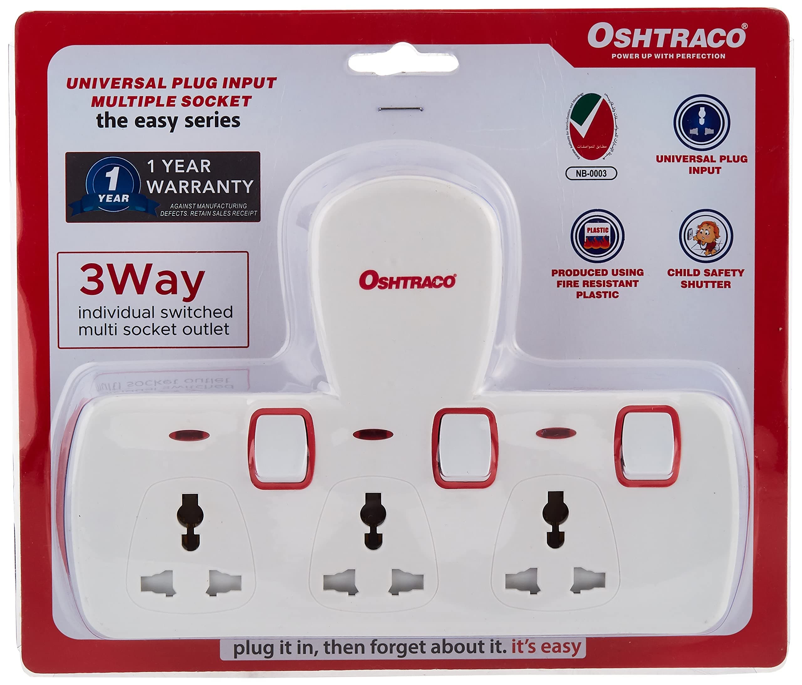 OSHTRACO Multi Plug Extension Socket, 3 Way Electrical Outlet Extender, Wall Charger, Universal Plug Adapter, Charging Station for Home, Office, Kitchen, Individually Switched- ESMA Certified