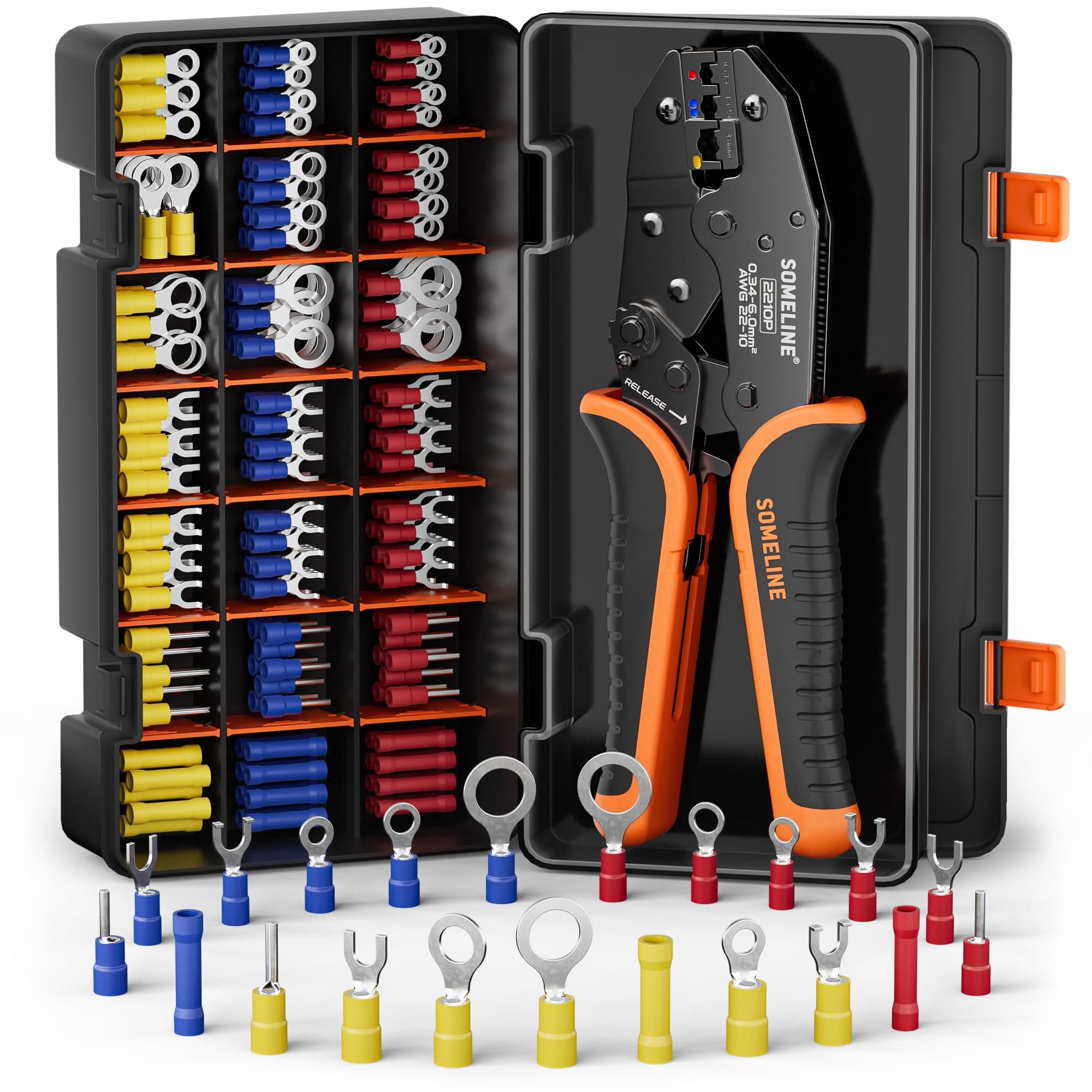 SOMELINE Crimping Tool for Insulation Wire Connector Kit 21 Size PVC Insulated Wire Terminals and 22-10AWG Ratchet Crimping Pliers - Automotive and Electrical Repair