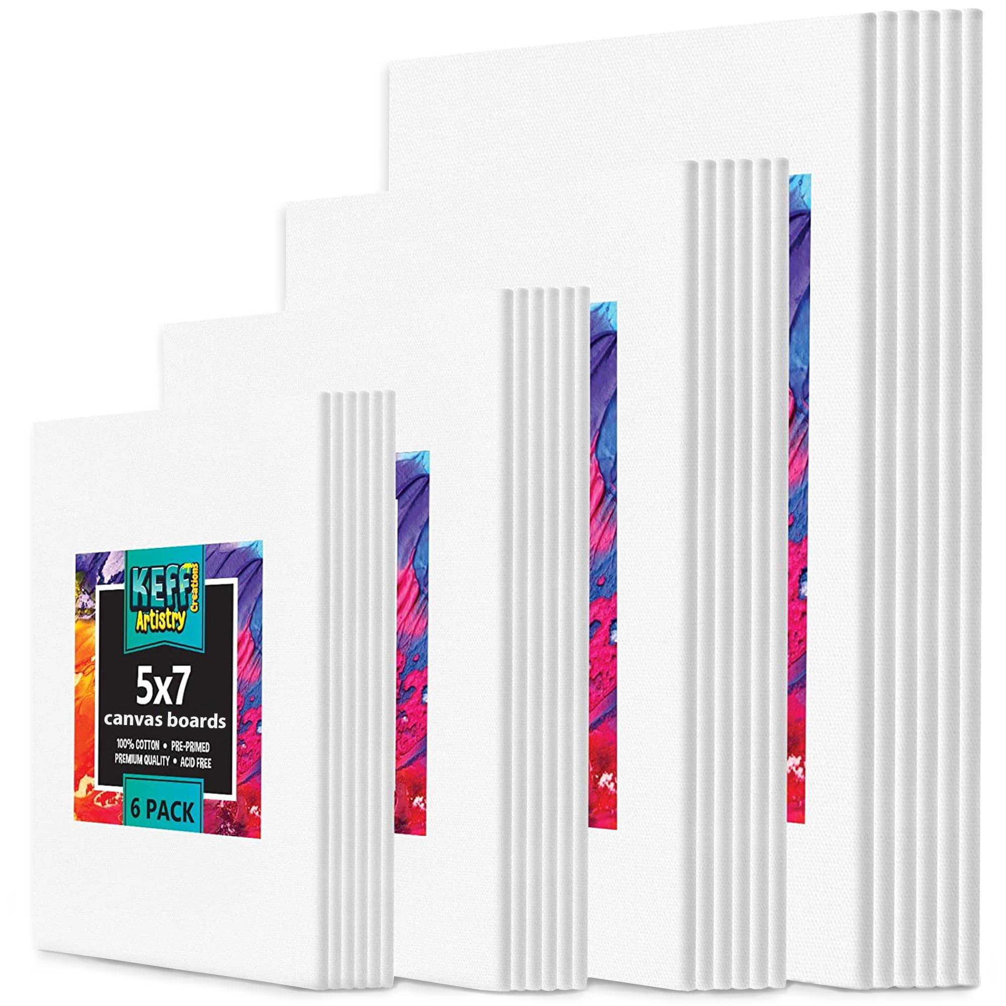 KEFF Paint Canvas Panels Set- 24 Multi- Pack, Pre-Primed Canvas Board for Painting, 5x7, 8x10, 9x12, 11x14. White Cotton Canvases for Painting Acrylic, Oil, Gouache, Tempera Paints