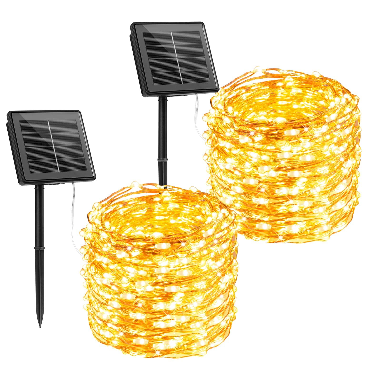 Solar String Lights, 2 Packs Total 66Ft 200 LED Solar Fairy Lights with 8 Modes, Waterproof Solar Lights for Outside Patio Yard Tree Wedding Christmas(Warm White)