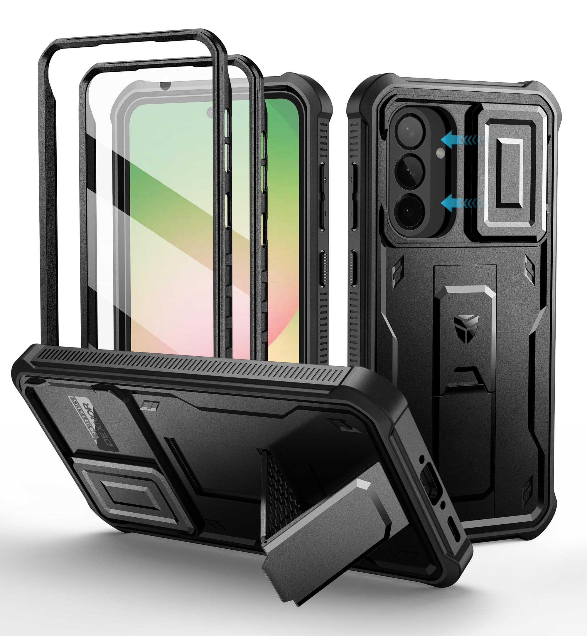 Dexnor for Samsung Galaxy A56-5G Case, [2 Front Frame] [Built-in Magnetic Slide Camera Cover & Kickstand] Heavy Duty Protection Shockproof Phone Case with Screen Protector, 6.7 inch Black