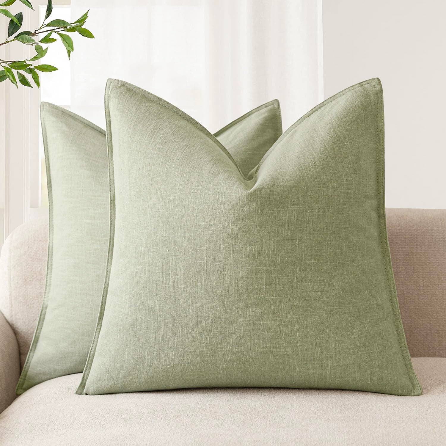 Foindtower Pack of 2, Decorative Linen Solid Throw Pillow Covers Soft Accent Cushion Case Boho Farmhouse Pillowcase for Chair Couch Sofa Bedroom Living Room Home Decor 20 x 20 Inch Light Sage Green