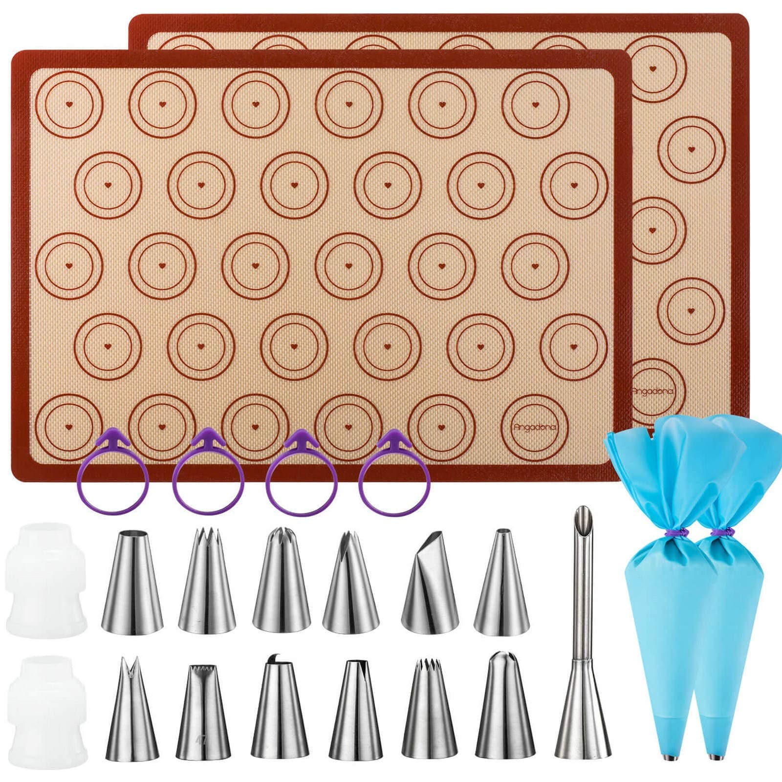 Angadona Macaron Baking Kit Silicone Mat - (22pcs set), 2 Half Sheet Macaron Silicone Mat,12 Piping Tip,2 Piping Bag with 4 Bag Tie,2 coupler, macaroon baking supplies