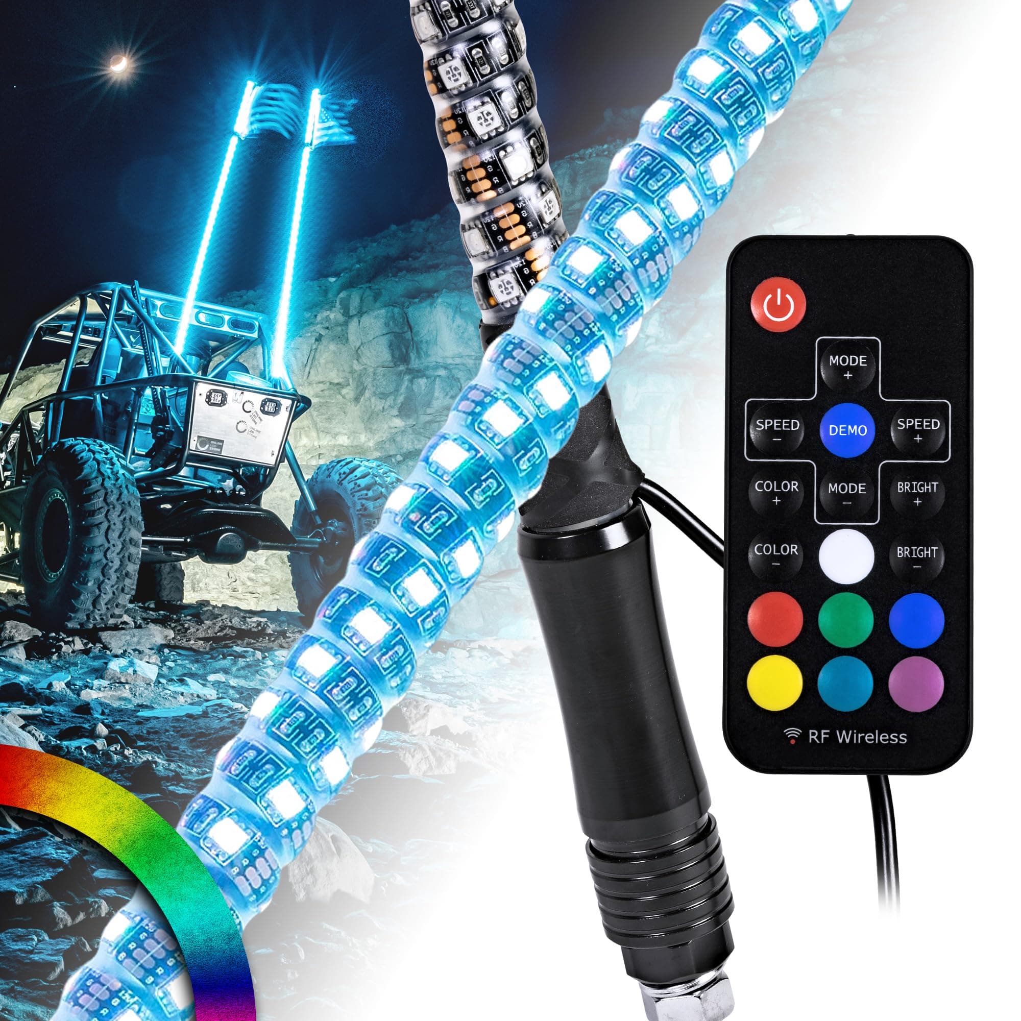 True Mods 2pc 5ft Spiral RGB LED Whip Light for UTV ATV [RF Wireless Remote] Flag Waterproof LED Lighted Whip CB Antenna Pole Stick for RZR Can-Am Polaris SxS 4x4 Quad Dune Buggy 4 Wheeler Accessories