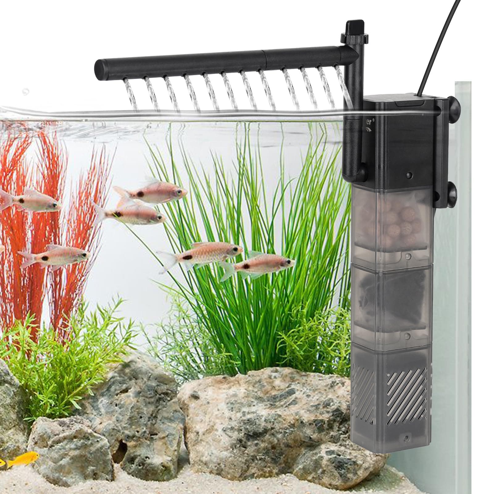 hygger Aquarium Filter DC 5V Multiple Function Power Quiet Fish Tank Filter with Rainfall Aeration 3-Stages Filtration Adjustable Submersible Internal Fish Filter for 2-13 Gallon Small Tank