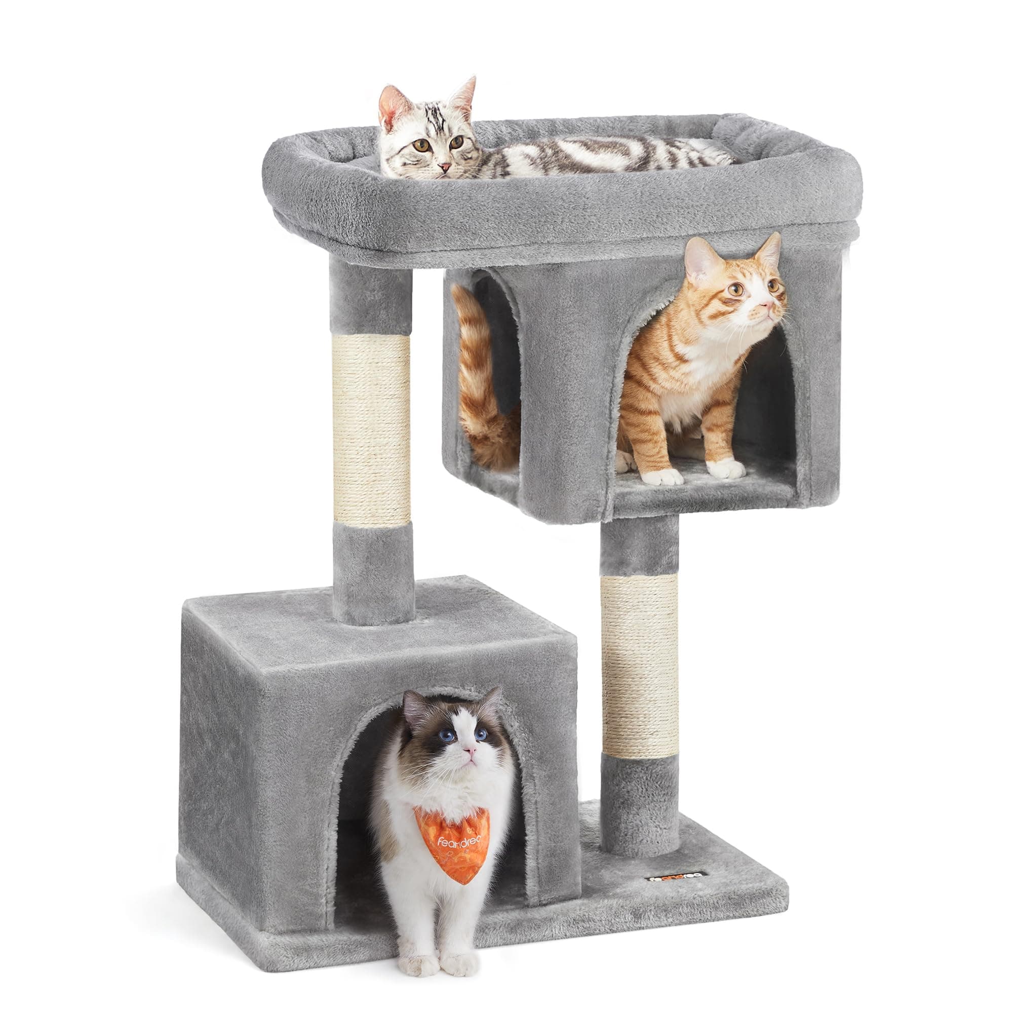 FEANDREACat Tree with Sisal-Covered Scratching Posts and 2 Plush Condos Cat Furniture for Kittens Light Gray UPCT61W
