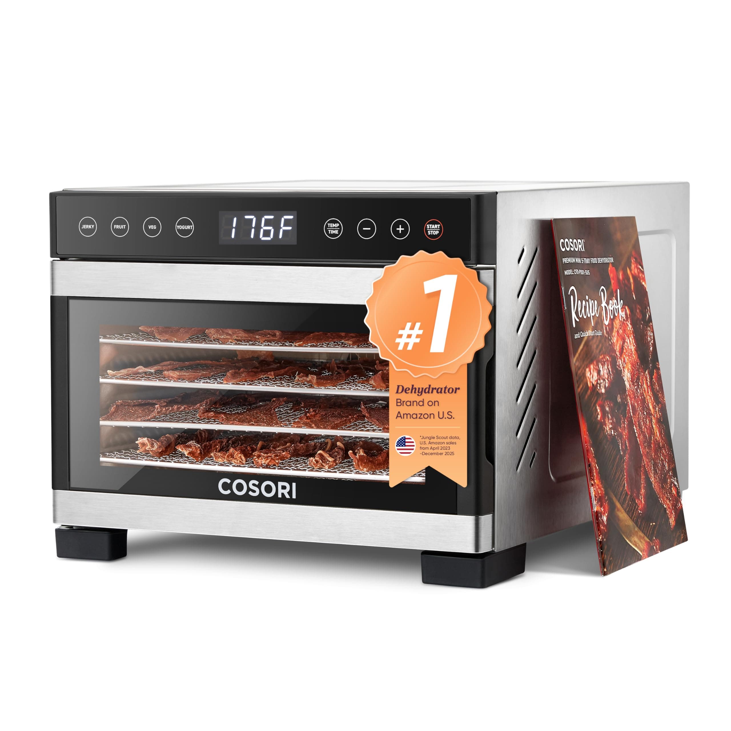 COSORI Food Dehydrator for Jerky, 176°F Temperature Control, 5 Stainless Steel Trays Dryer Machine, 4 Presets, 48H Timer, for Dog Treats, Meat, Fruit, Veggies, Snacks, Recipe Book Included