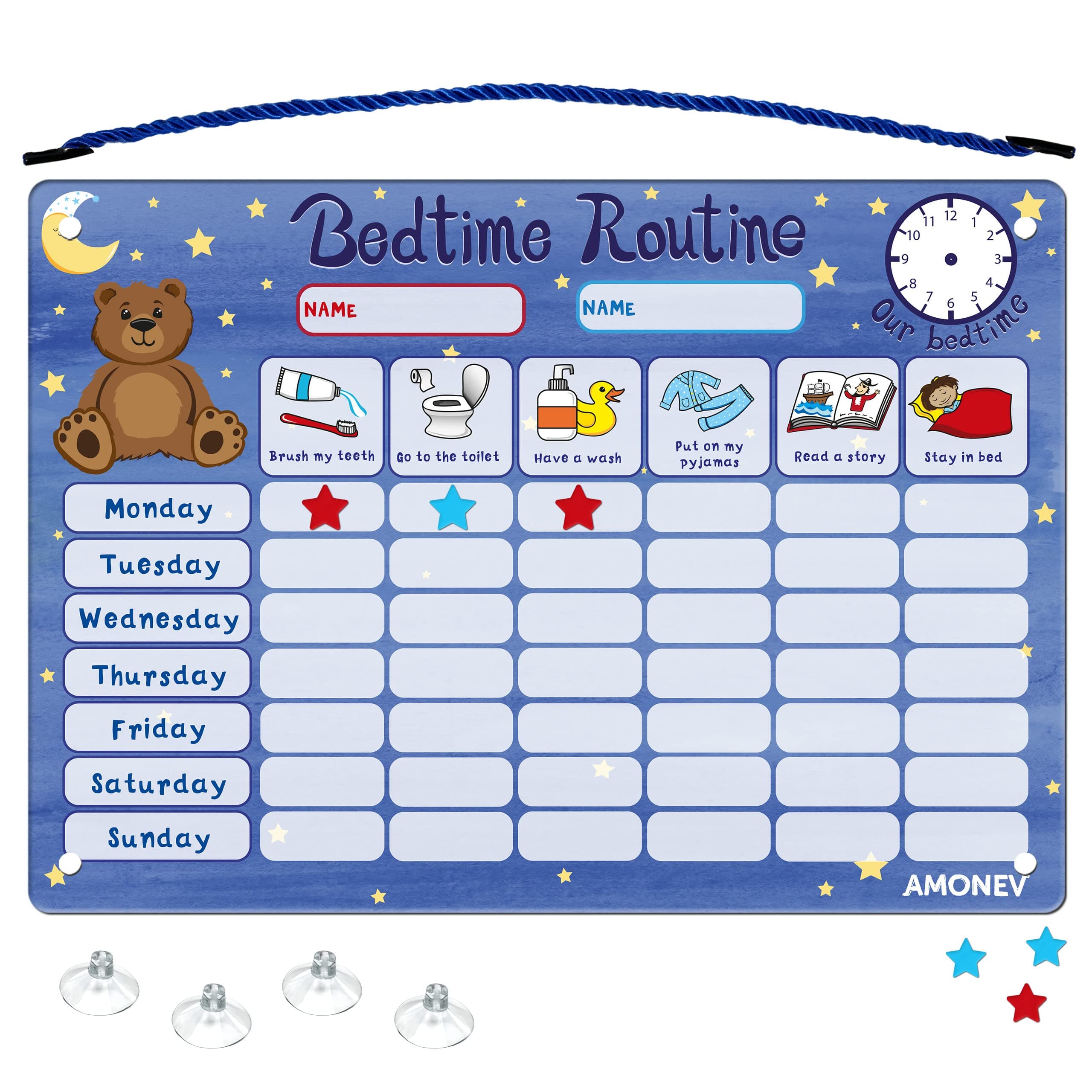Amonev Magnetic Bedtime Routine Chart Reward Chart and Sleep Training Stay in Bed Chart for Boys Girls Toddlers and Young Children with 50 Magnetic Stars Included