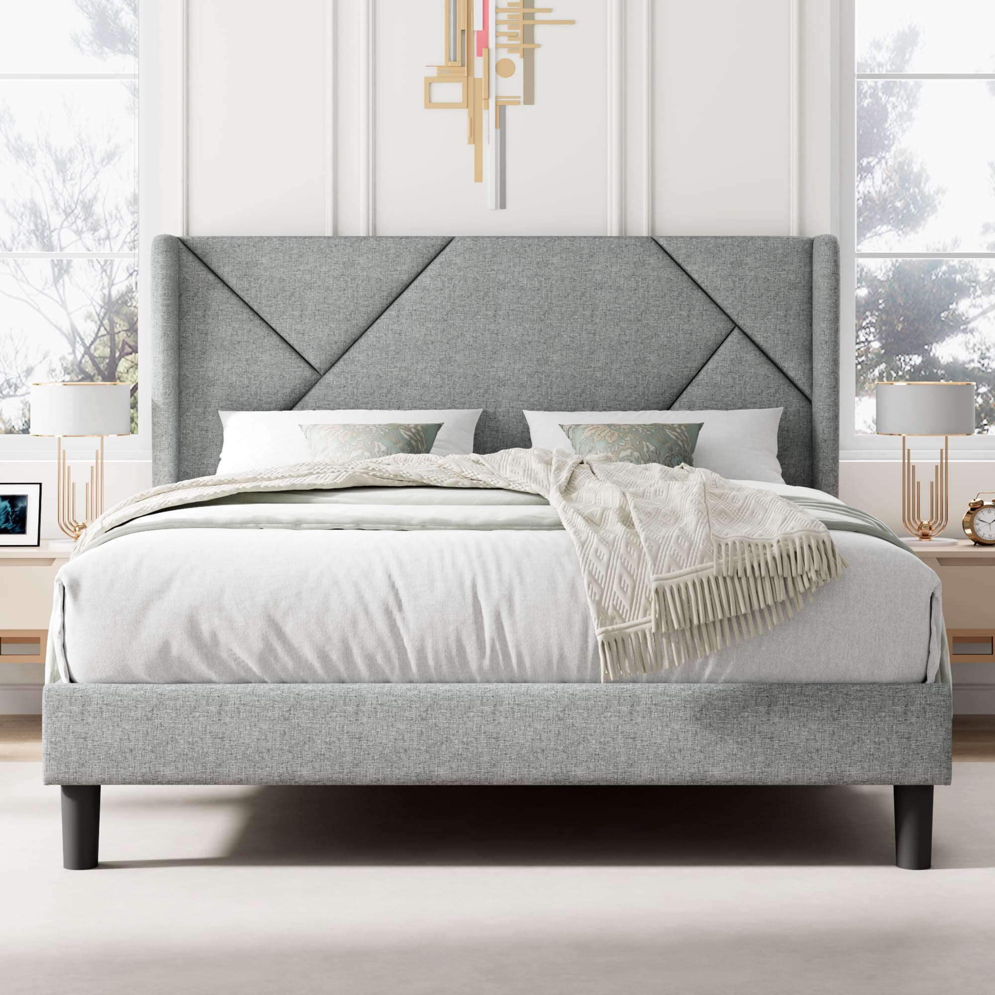 iPormis Queen Wingback Bed Frame, Modern Platform Bed with Minimalist Headboard, 8-in Storage Space/Heavy-Duty Structure/No Box Spring Needed/Noise-Free, Light Grey