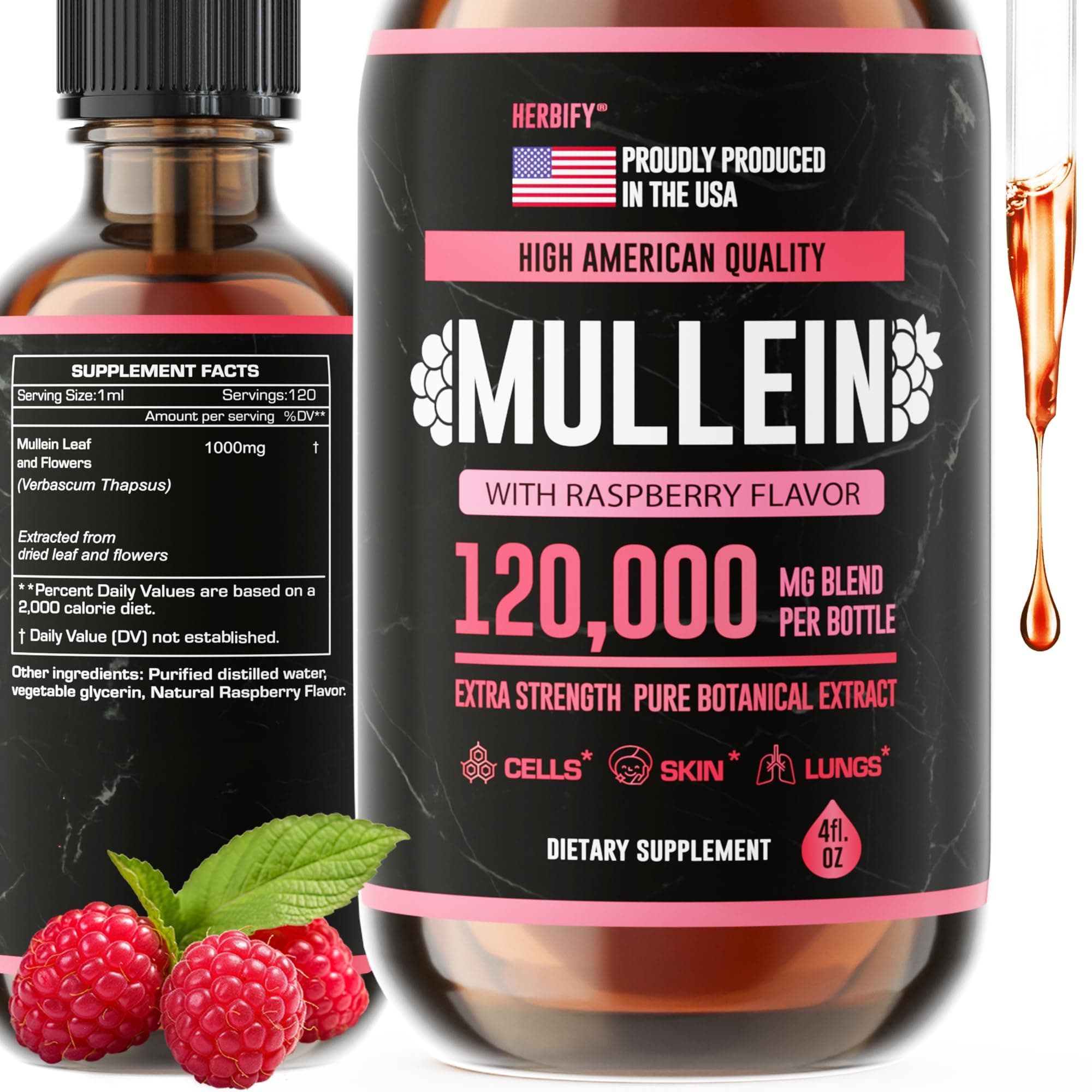 - HERBIFY Mullein Drops - Lung Cleanse - Leaf Extract - Powerful Mullein for Immune Support, Detox & Respiratory Support - Made in USA - 4 Oz Raspberry Flavor