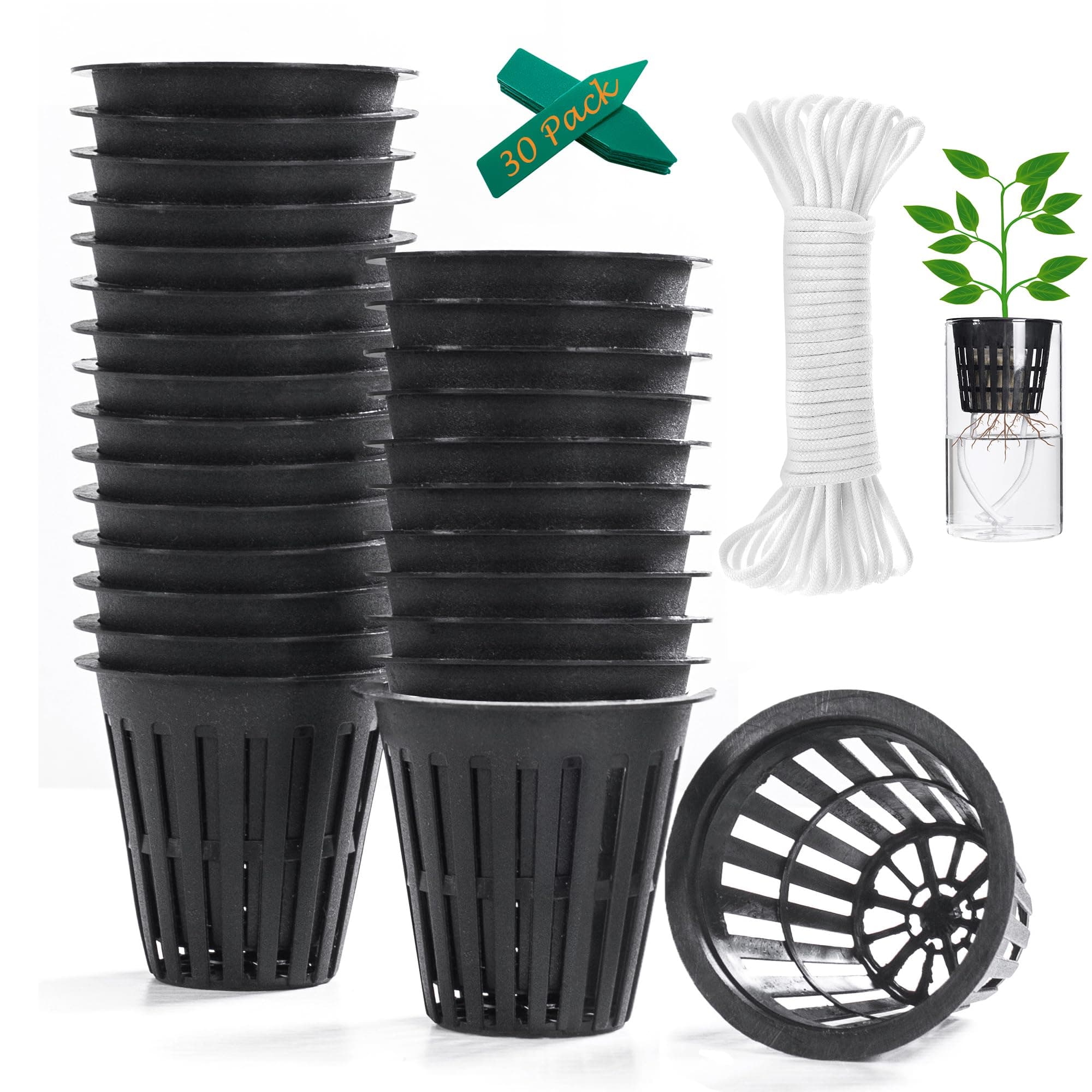 ORIMERC 30 Pack 2 inch Net Cup Pots with 12 feet Hydroponic Self Watering Wick & 12 Plant Labels Aquaponics Bucket Insert Kratky Vegetable Gardening Growing Netted Baskets Slotted Mesh Round Black