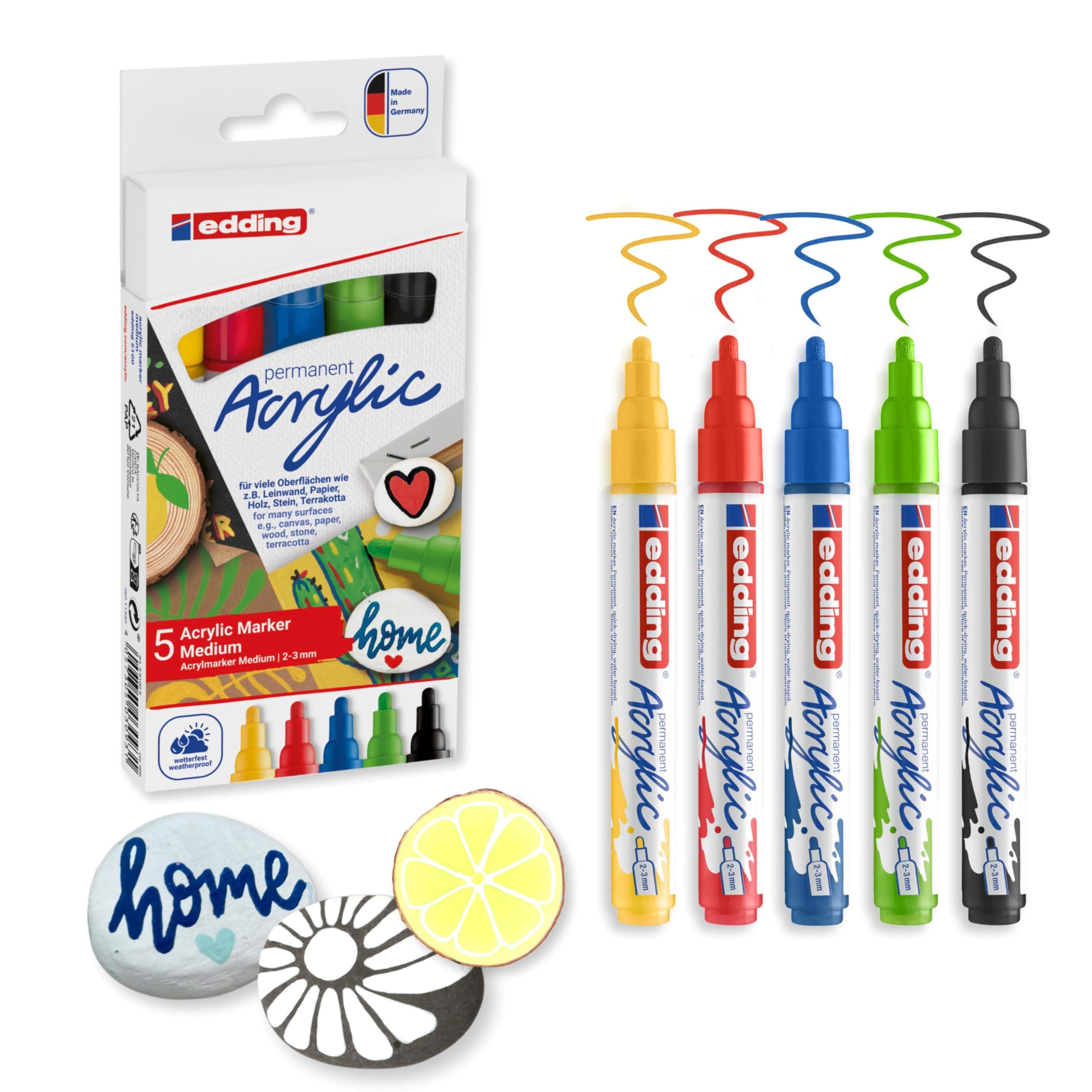 5100 Acrylic Markers - 5pk (Basic) - 5 Color Set Round Nib 2.0-3.0mm - Waterproof Acrylic Paint Markers for Canvas, Wood, Pebbles