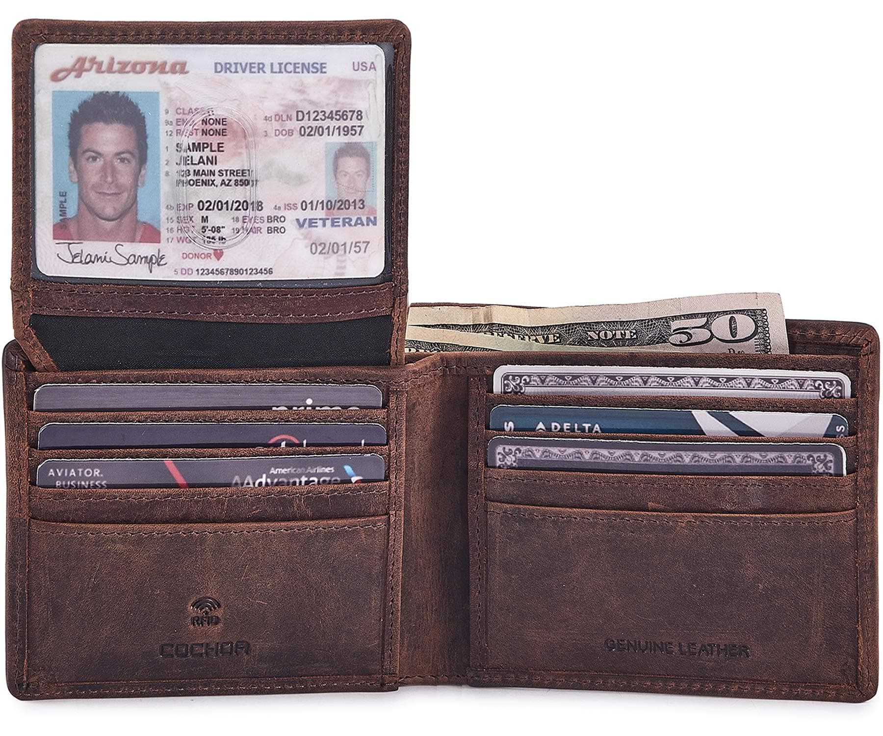 Men's RFID Blocking Bifold Wallet With 2 ID Window 3.25” x 4.25” x 0.4” COGNAC CRAZY HORSE