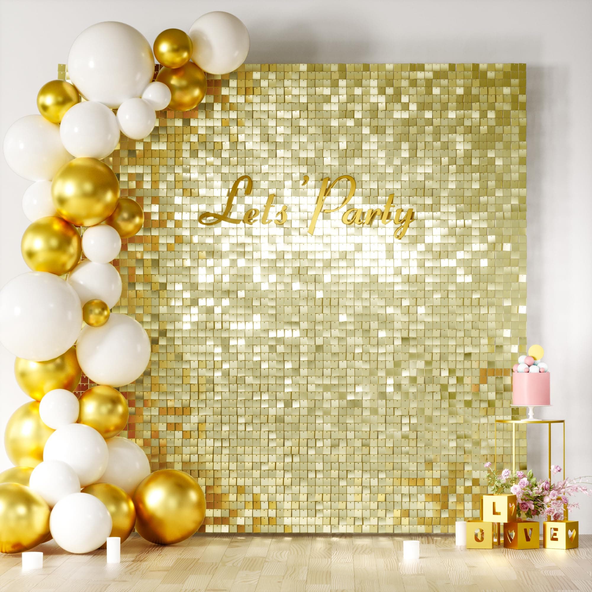 COKAOBE Light Gold Shimmer Wall Backdrop, 30 Pcs Square Sequin Shimmer Backdrop Panel, Sequin Backdrops for Birthday, Anniversary, Wedding, Graduation & Bachelorette Party Decoration