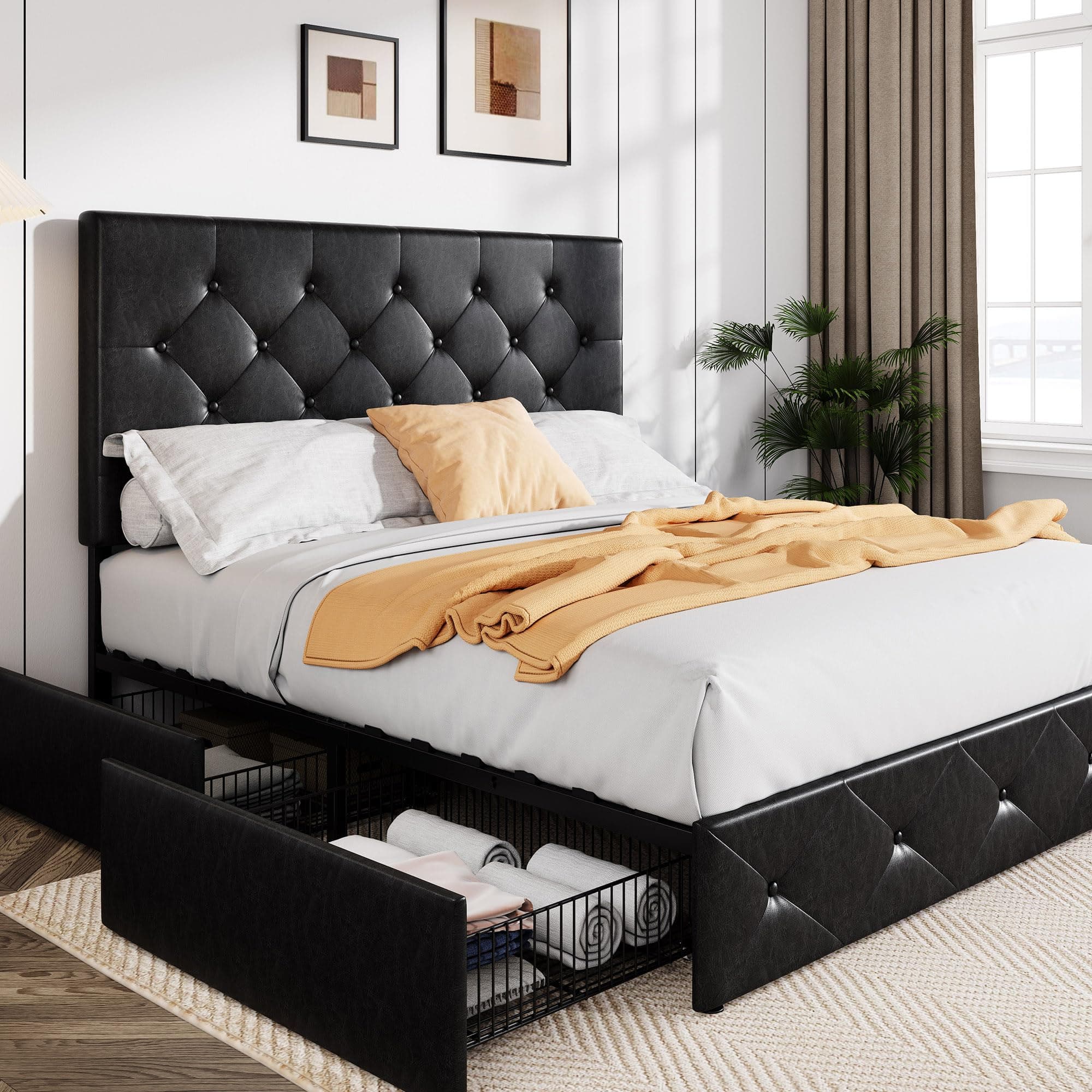 Allewie Upholstered Full Size Platform Bed Frame with 4 Storage Drawers and Headboard Diamond Stitched Button Tufts Mattress Foundation Wood Slat Support No Box Spring Required Black