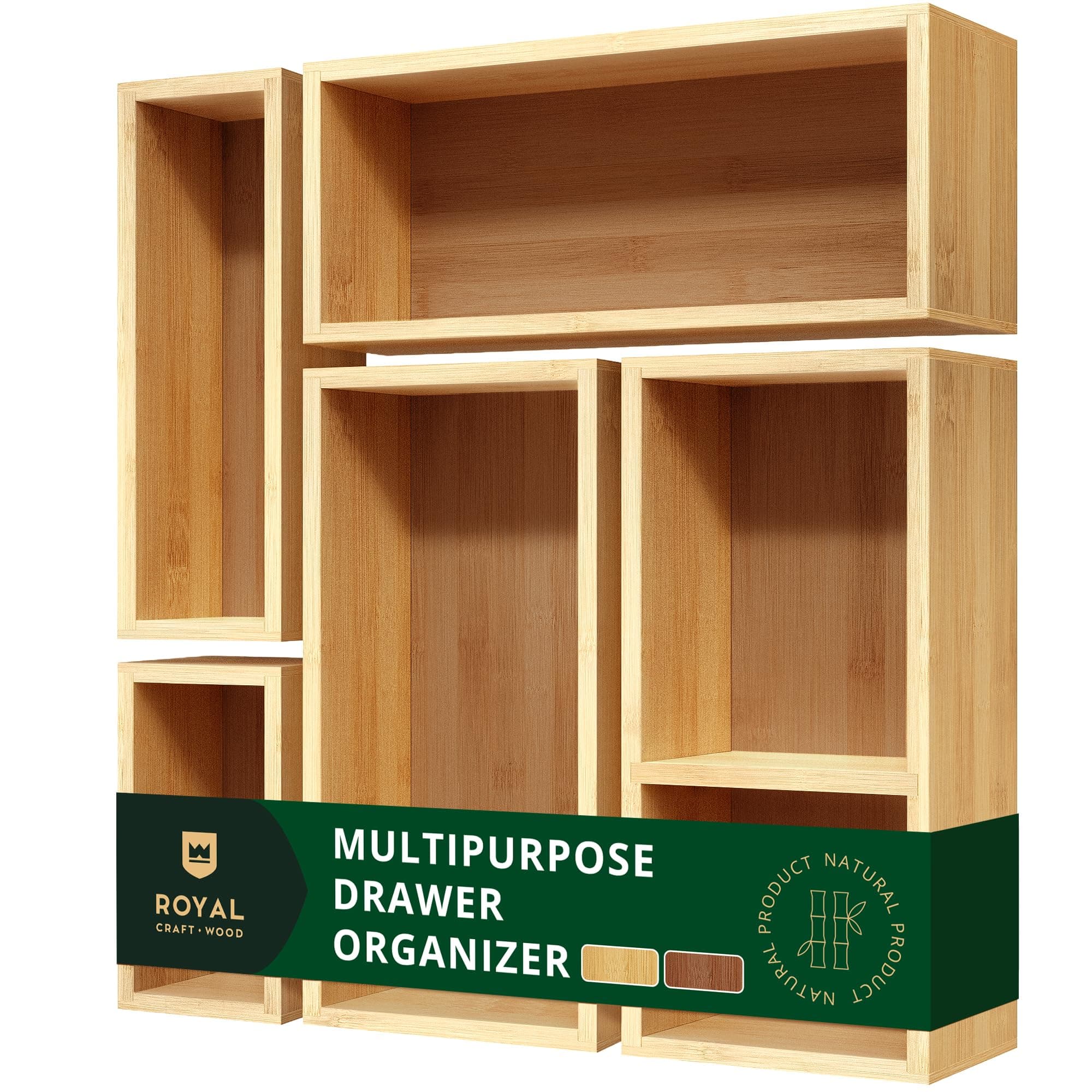 ROYAL CRAFT WOOD 5-Piece Bamboo Drawer Organizer Set – Multi-Use Storage Trays for Kitchen, Bathroom, Office, Makeup, Jewelry & More – Junk Drawer Tray, Utensil Holder, Storage Box & Bin Set (5 Boxes)