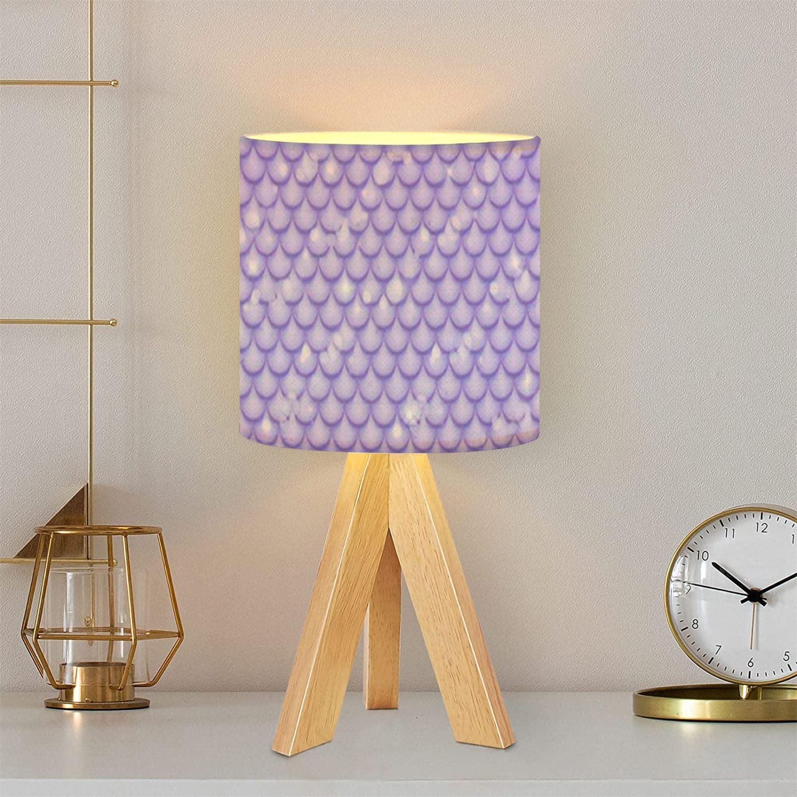 Tripod Table Lamp Holographic Scales Magic Stars Bubbles A Pattern a Mermaids Tail a Modern Bedside Dimmable Desk lamp Wooden Base Fabric Lampshade for Kids Room, Nursery, Bedroom, Living Room