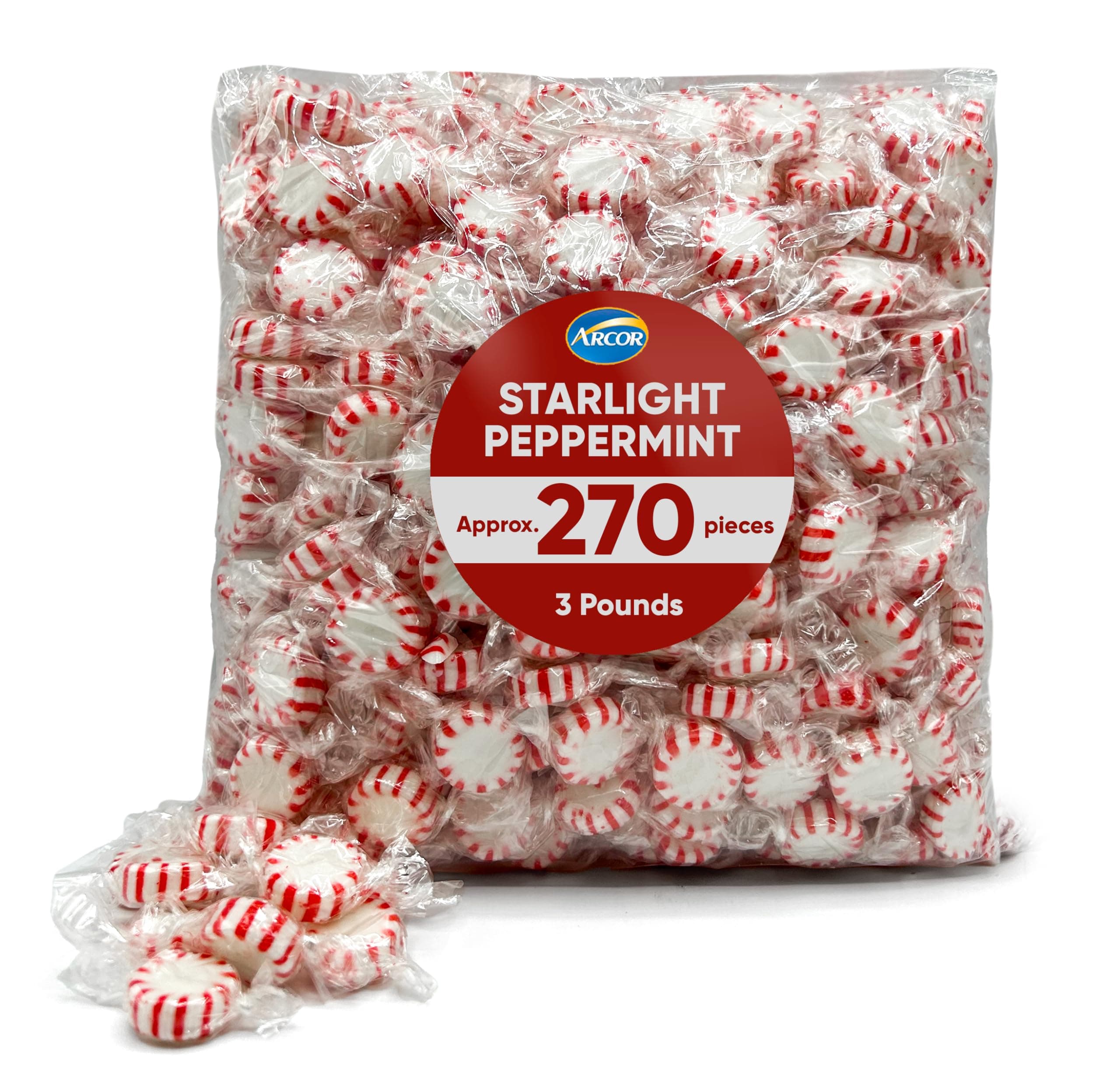 JO SWEETS Arcor Starlight Peppermints Mints 3 Lb -Approx 270 Peppermint Halloween Candy Individually Wrapped - Christmas Candy Mints