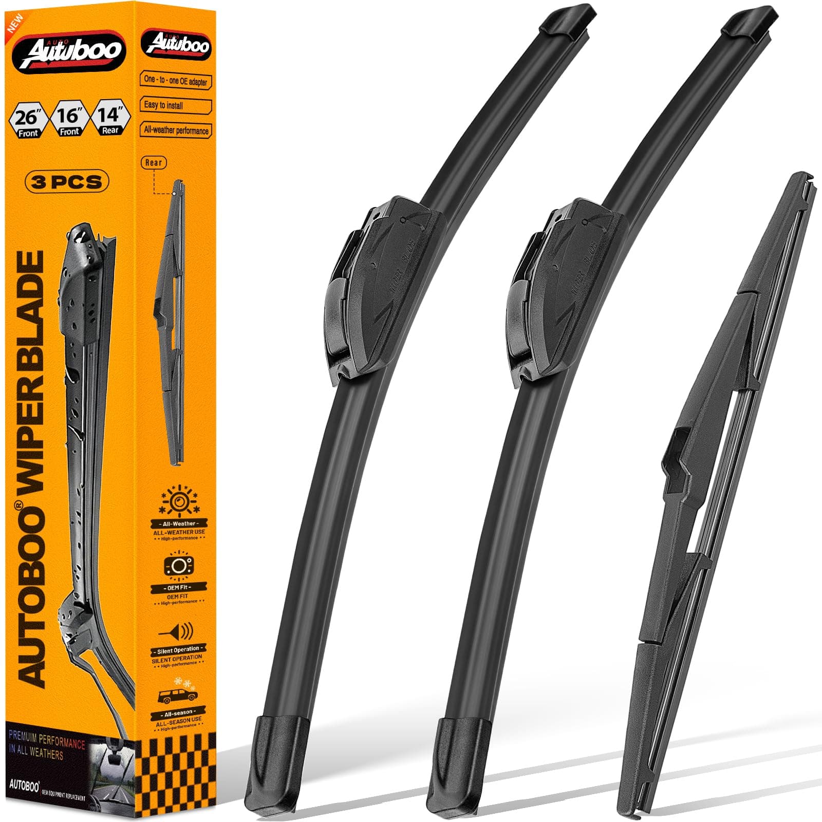 26"+16" Windshield Wipers with 14" Rear Wiper Blade Replacement for Hyundai Tucson 2016-2020 2021,2007-2012 Mazda CX-7 -Original Factory Quality (Pack of 3)