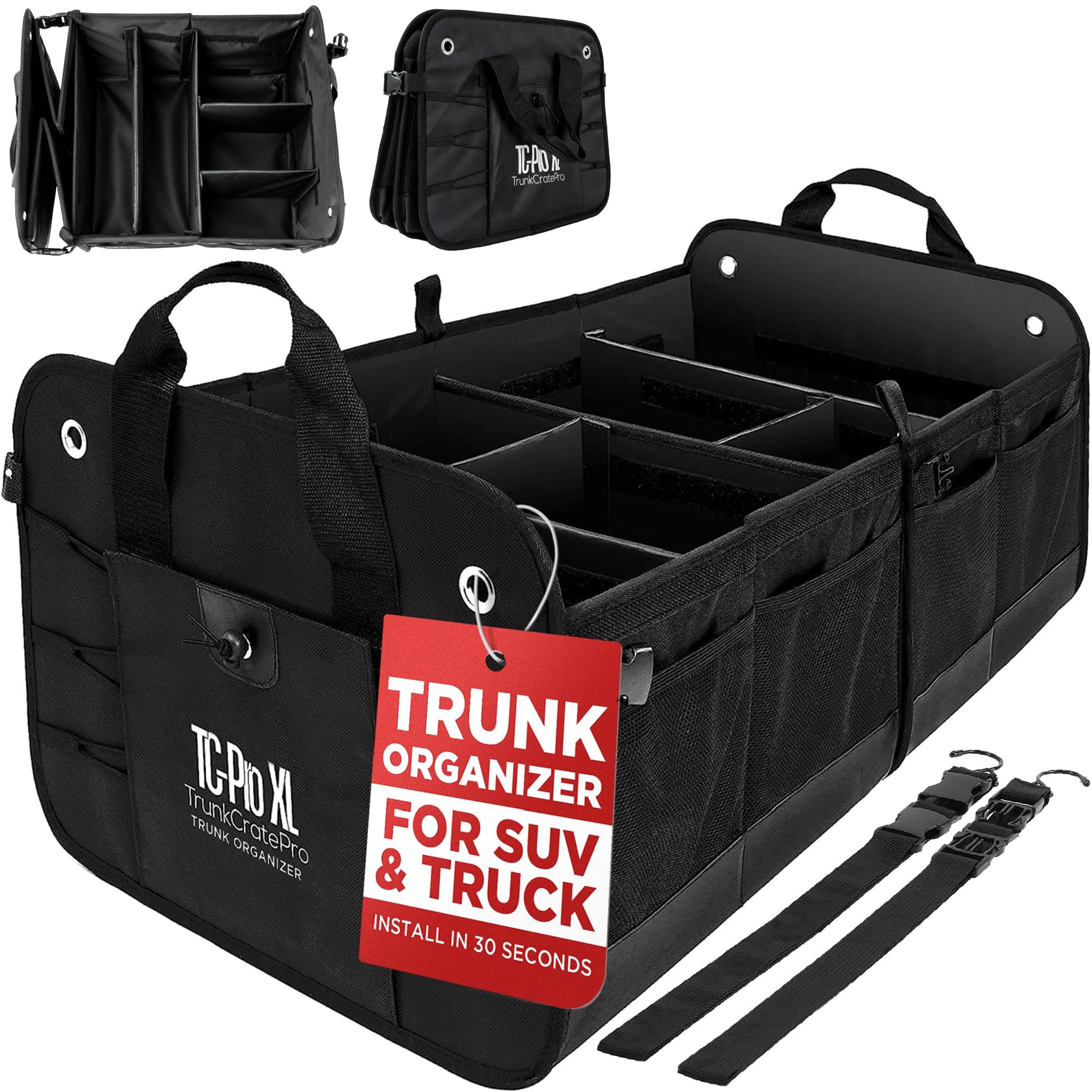 TRUNKCRATEPRO Premium Multi Compartments Collapsible Portable Trunk Organizer for auto, SUV, Truck, Minivan (Black) (ExtraLarge, Black)