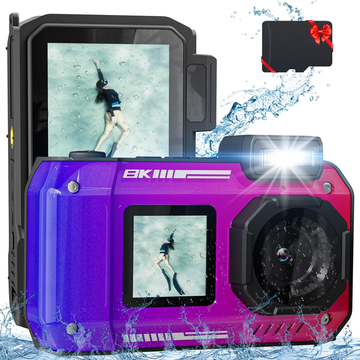 8K 70MP Digital Camera, 33FT Underwater Camera Waterproof Rugged Dustproof Shockproof for Snorkeling Diving, Selfie Dual-Screen Point and Shoot Digital Camera with 32G Card(Gradient Purple)