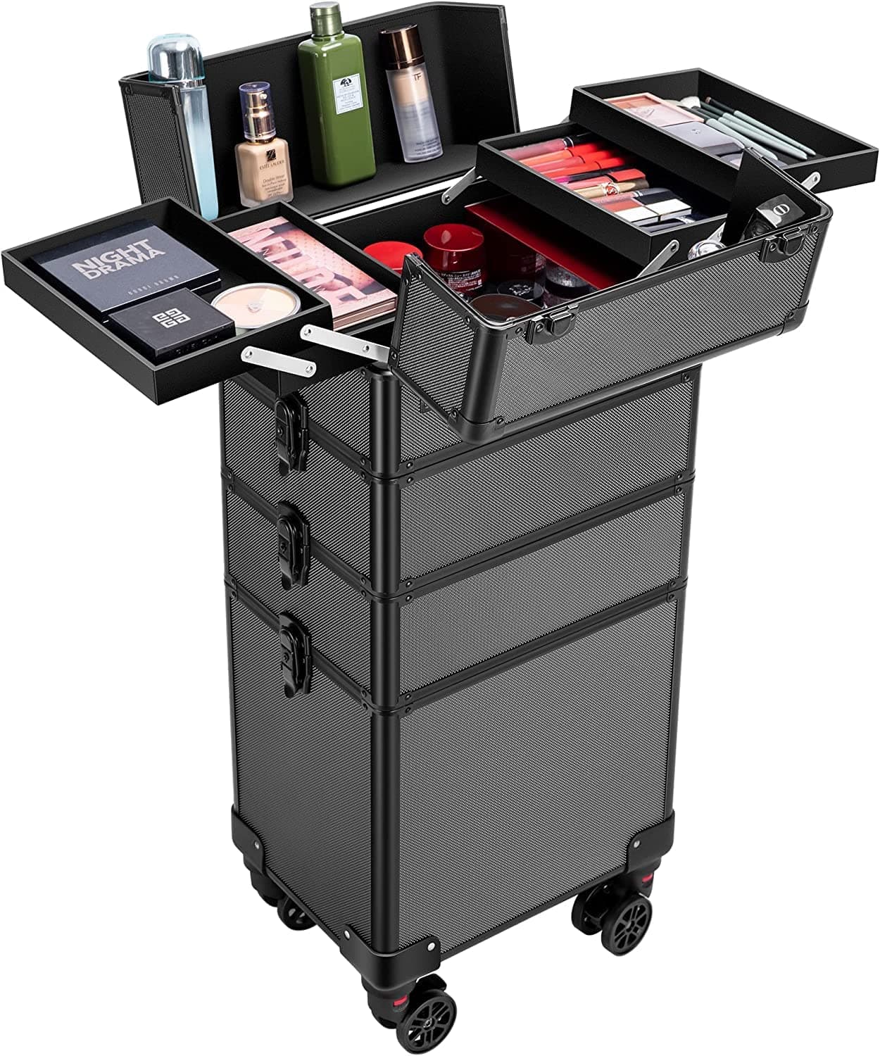 Professional Makeup Train Case,Large 4-in-1 Makeup Trolley Case with Drawers, Portable Aluminum Cosmetic Organizer Lockable Travel Cosmetic Train Case with Wheels for Travel Makeup Nail Art