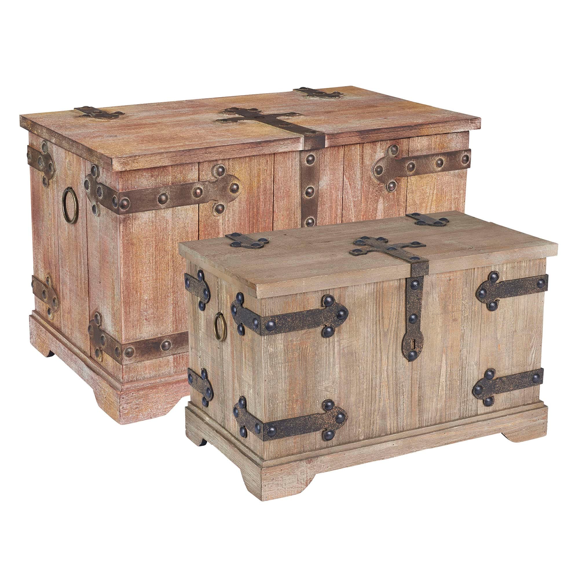 Household Essentials 2 Piece Decorative Trunks, Victorian Set, Small and Large, Chinese Fir Wood, Aged-Wood Finish with Metal Accents, Fully Opening Lid, Stout Design, Ring Handles