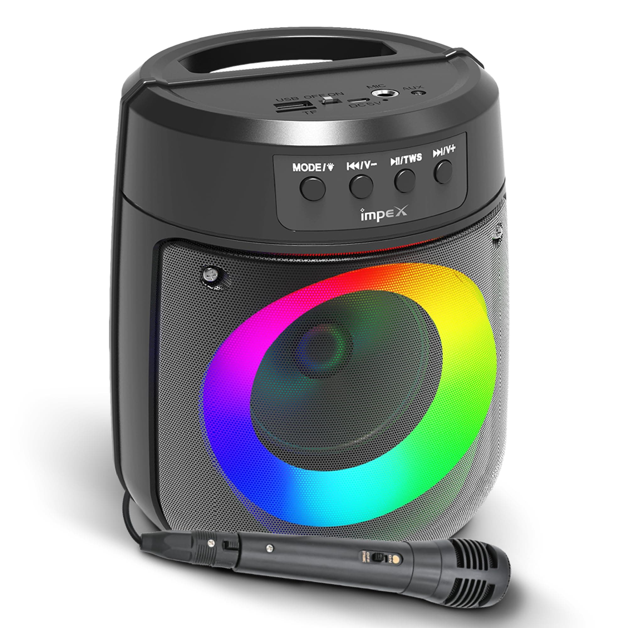Impex Portable Bluetooth Speaker, 500W PMPO, 4" Wireless Speaker with Magic Ring Light, 1200mAhBattery, Bluetooth 5.1, USB/Micro SD/AUX/FM/MIC/TWS, Type-C Charging,Wired Mic,10m Range, Black - TS 1106