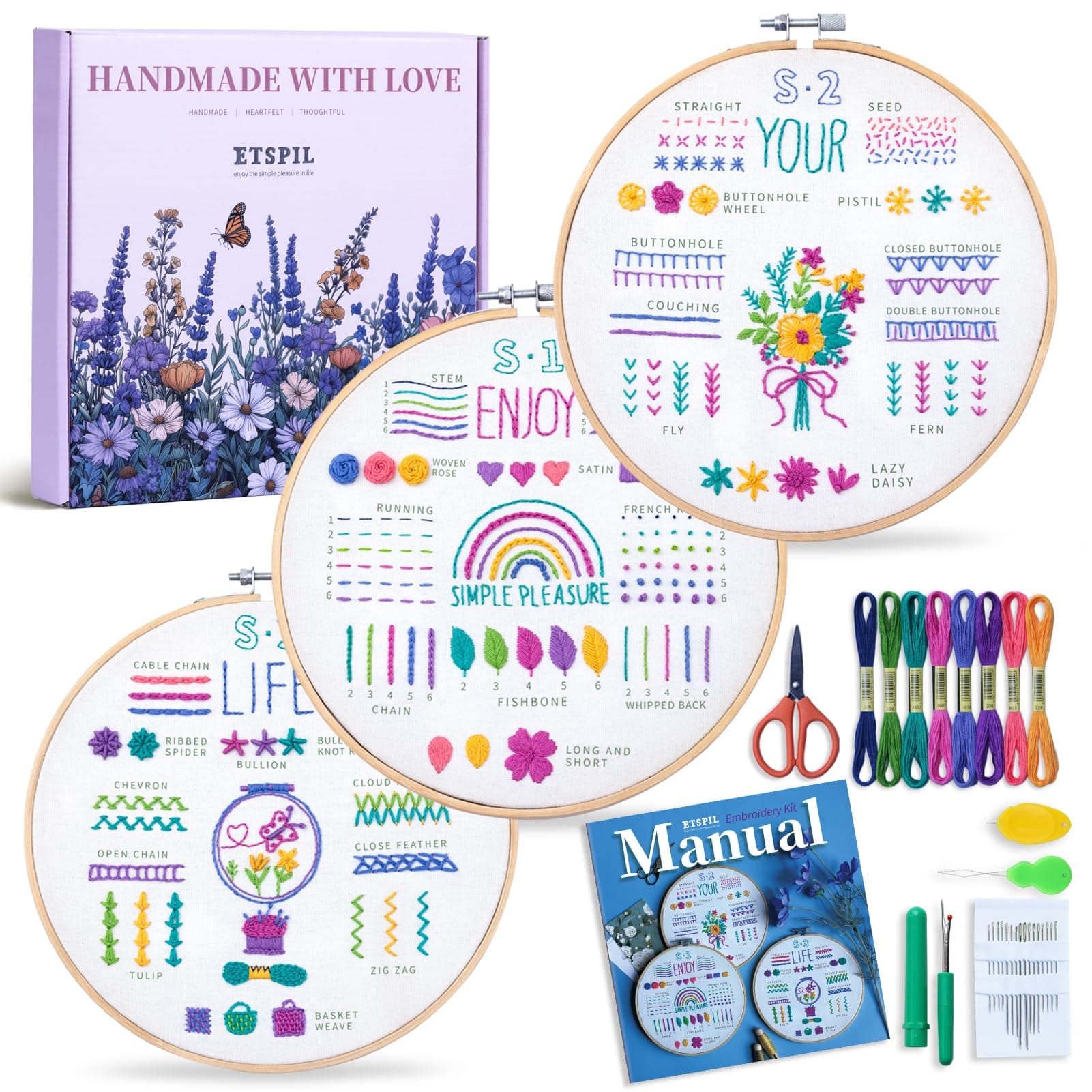 3 Sets Embroidery kit for Beginners Adults，Learn 33 Different Stitches DIY Kits ，Includes Stamped Flower Pattern, Hoop, Color Threads,Tools,Easy to Follow Instruction & Video… (Simple A)