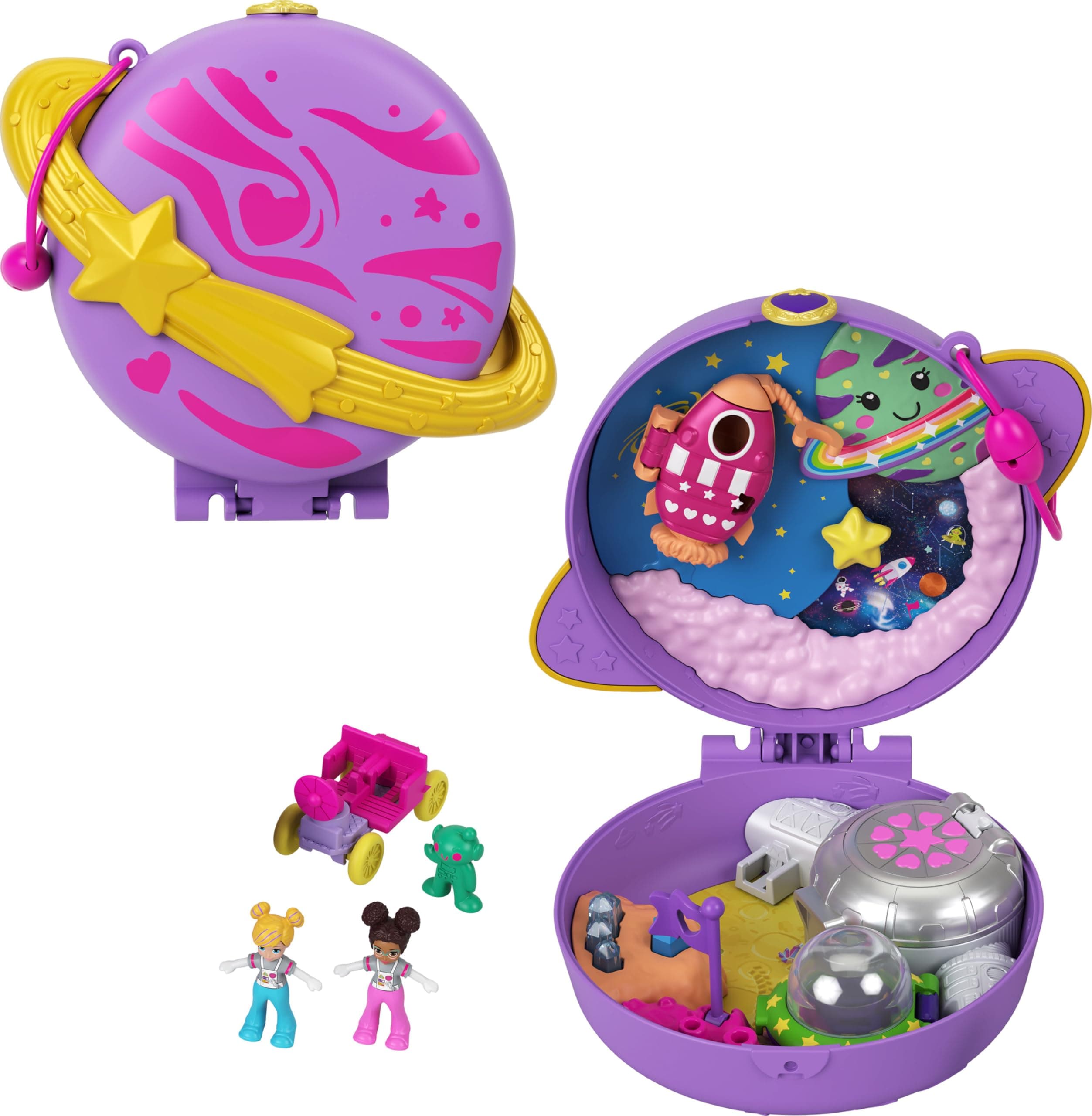 Polly Pocket Saturn Space Explorer Compact with Fun Reveals, Micro Polly and Lila Dolls, Lunar Vehicle, Alien Figure & Sticker Sheet; For Ages 4 Years Old & Up