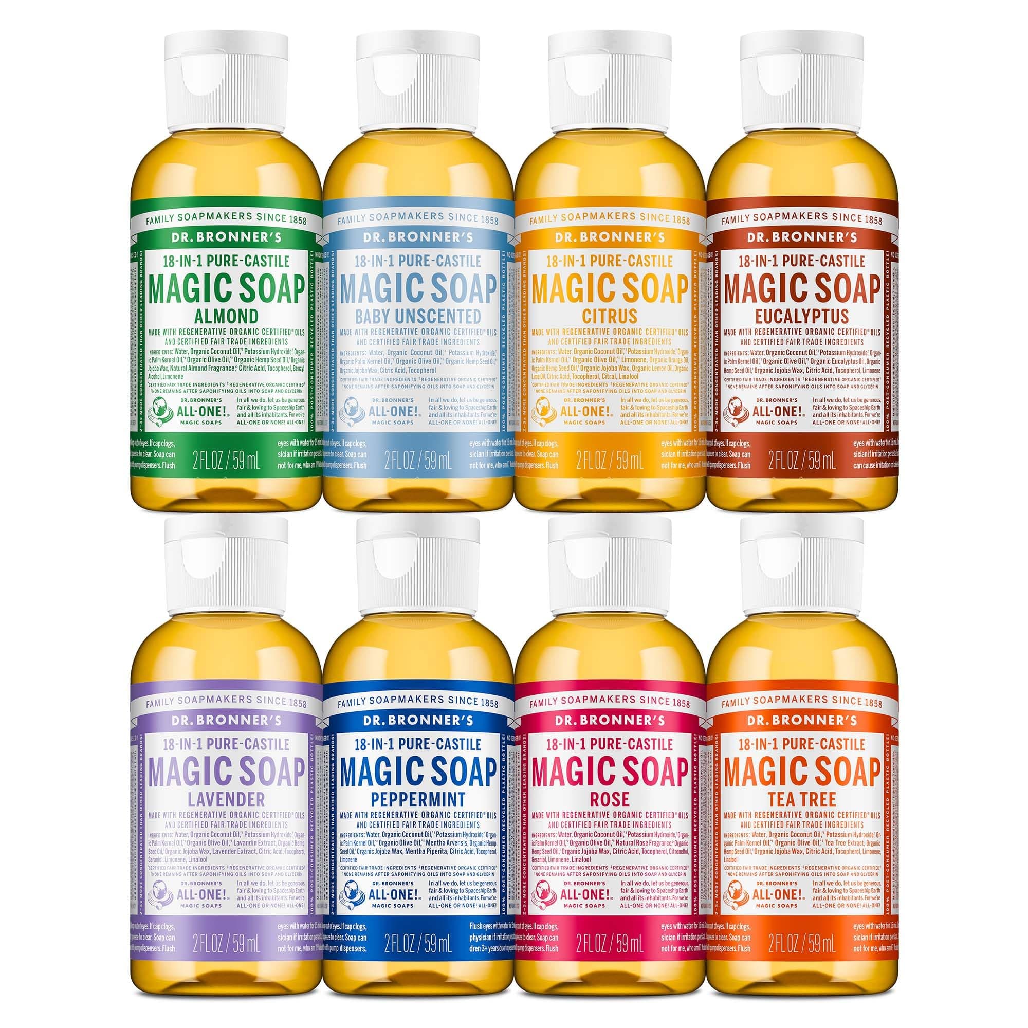 Magic Soap-Pure-Castile Liquid Soap (2 Ounce, Variety Gift Pack)- Regenerative Organic Certified Oils, 18-in-1 Uses: Body, Hair, Laundry, Pets & Dishes, Concentrated, Vegan, Non-GMO