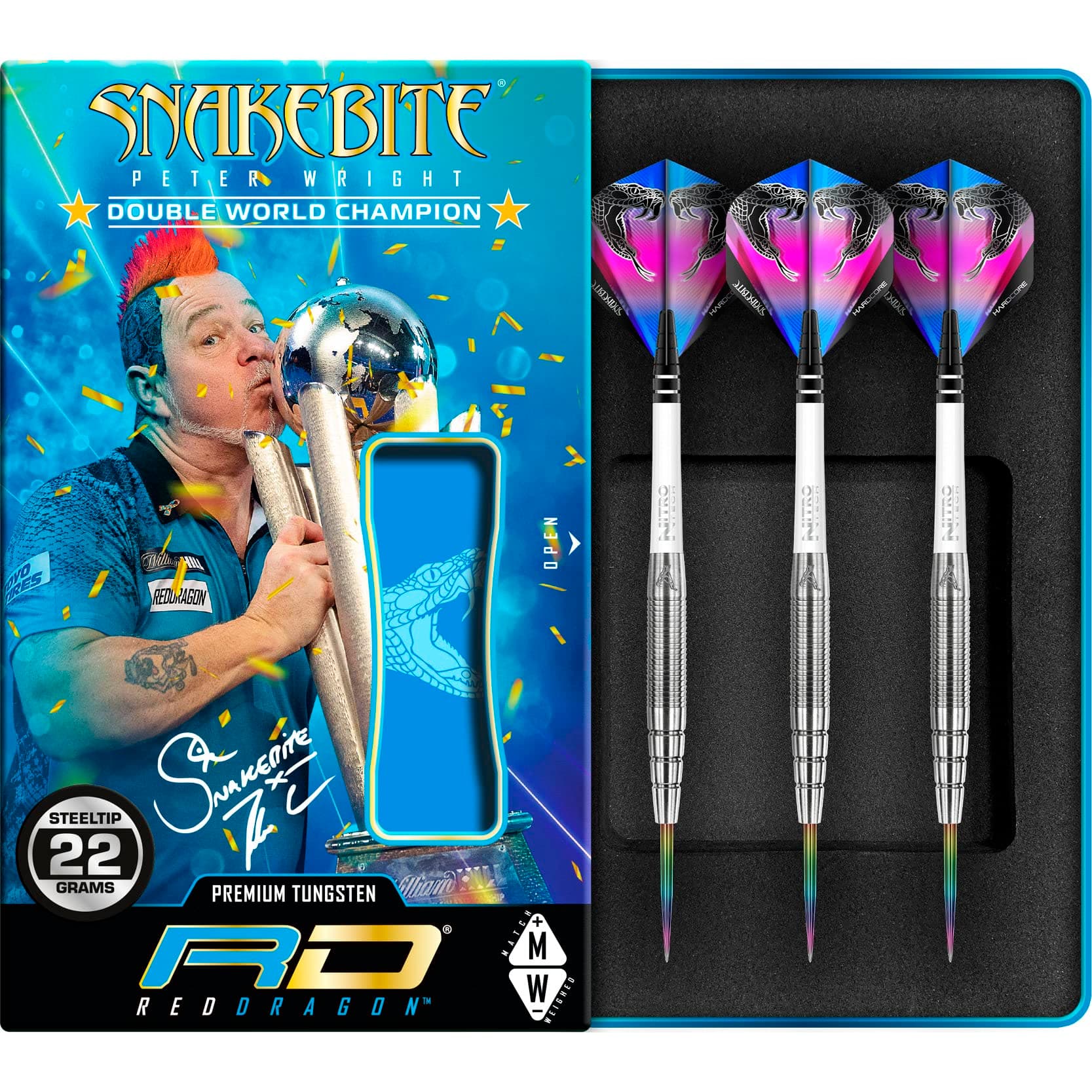 RED DRAGONPeter Wright Snakebite PL15: 22g Tungsten Darts Set with Flights and Stems
